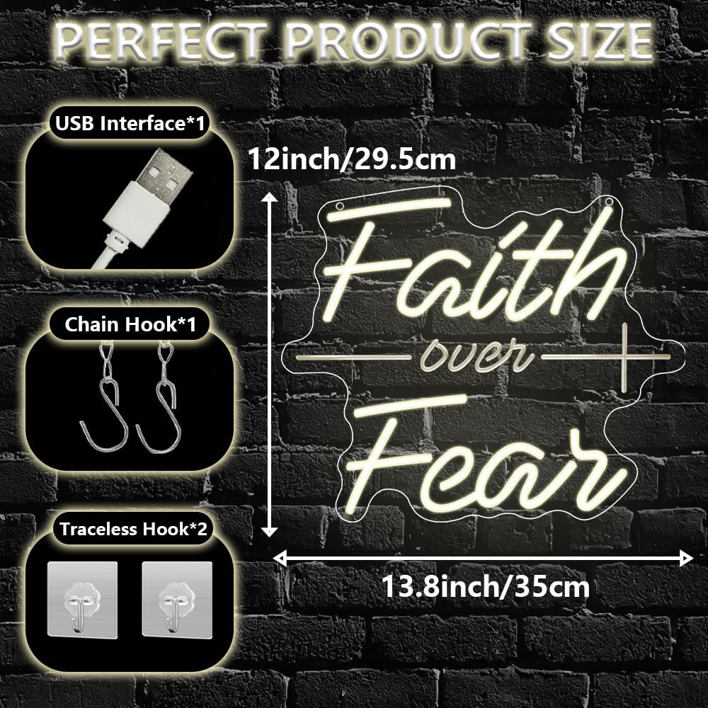 Faith Over Fear Neon Sign,Christian Dimmable LED Light Signs for Wall Art Decor,Warm White Backdrop for Bedroom Club Party Man Cave,Gift for Teen Men USB Powered（13.8"*11.6"）