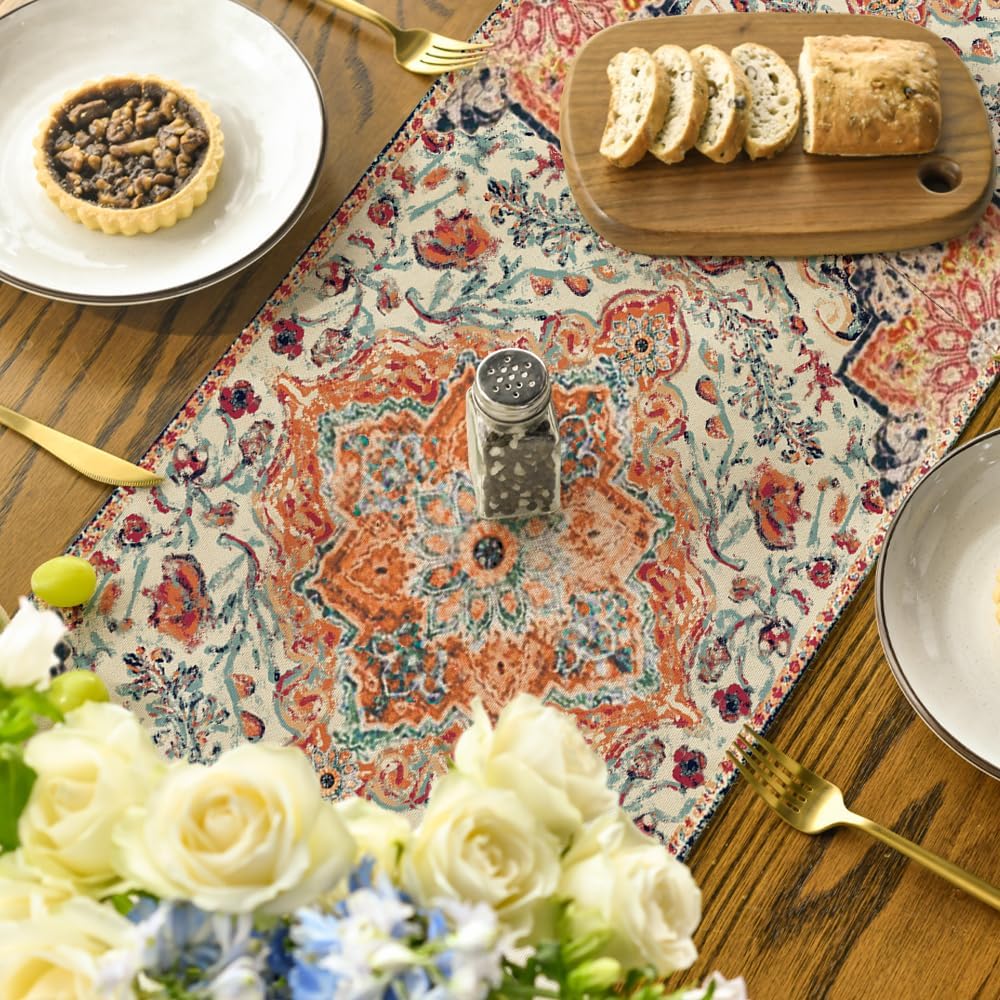 Artoid Mode Boho Bohemia Style Orange Table Runner, Country Rustic Farmhouse Magical Fall Kitchen Dining Table Decoration for Home Party Decor 13x36 Inch