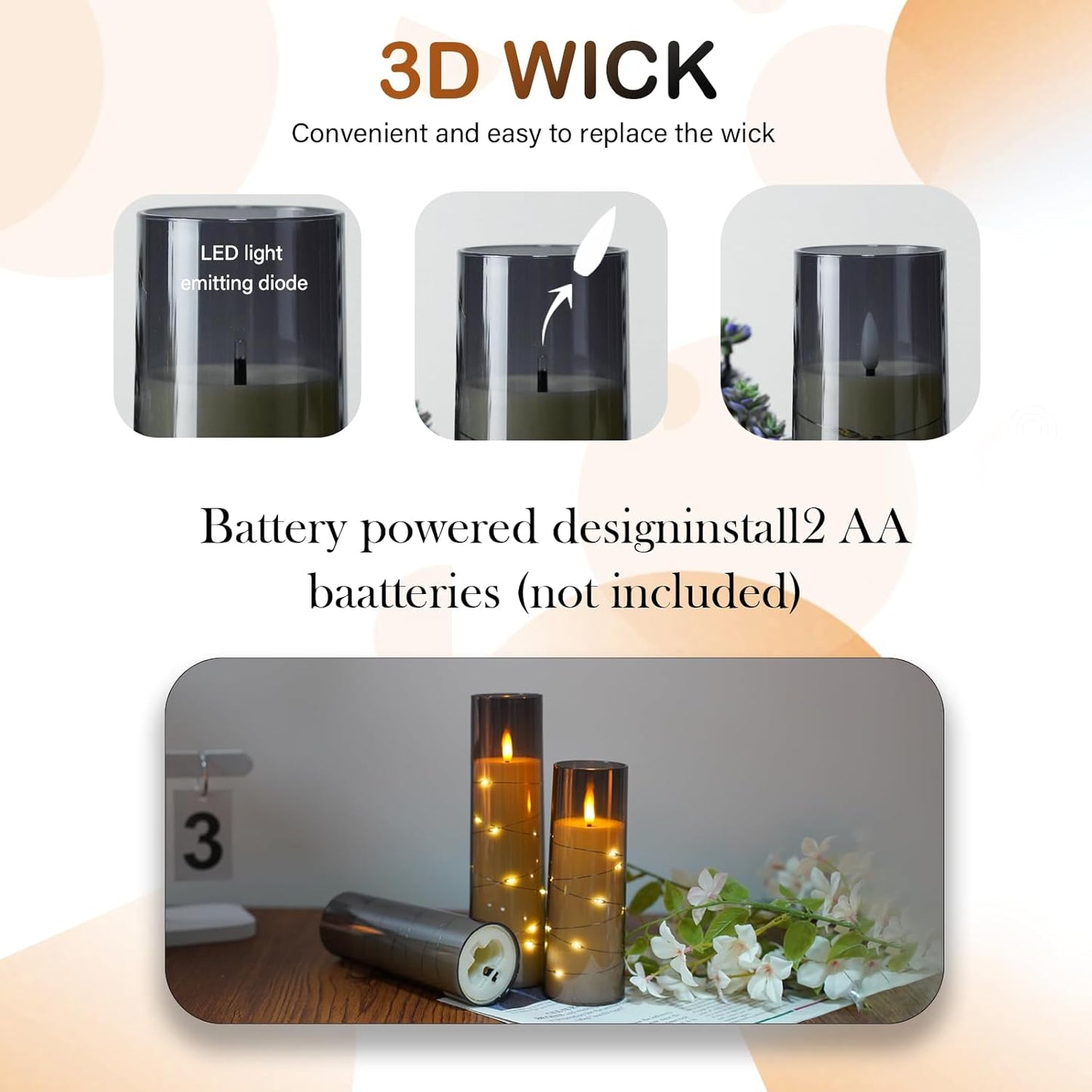 Flameless LED Candles with Timer 9 Pc Flickering Flameless Candles for Romantic Ambiance and Home Decoration Stable Acrylic Shell,with Embedded Star String，Battery Operated Candles（Grey）