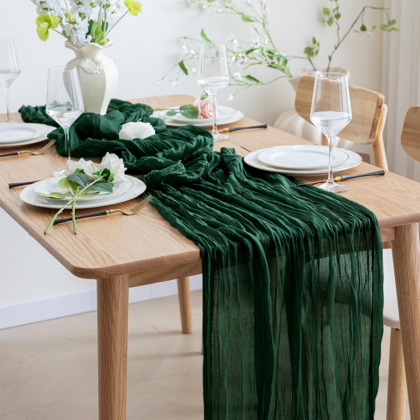 Asee'm 3PCS Table Runner Cheesecloth 10FT Emerald Green Boho Gauze Fabric Rustic Sheer Cheese Cloth Runners for Wedding Bridal Shower Party Spring Easter Decoration