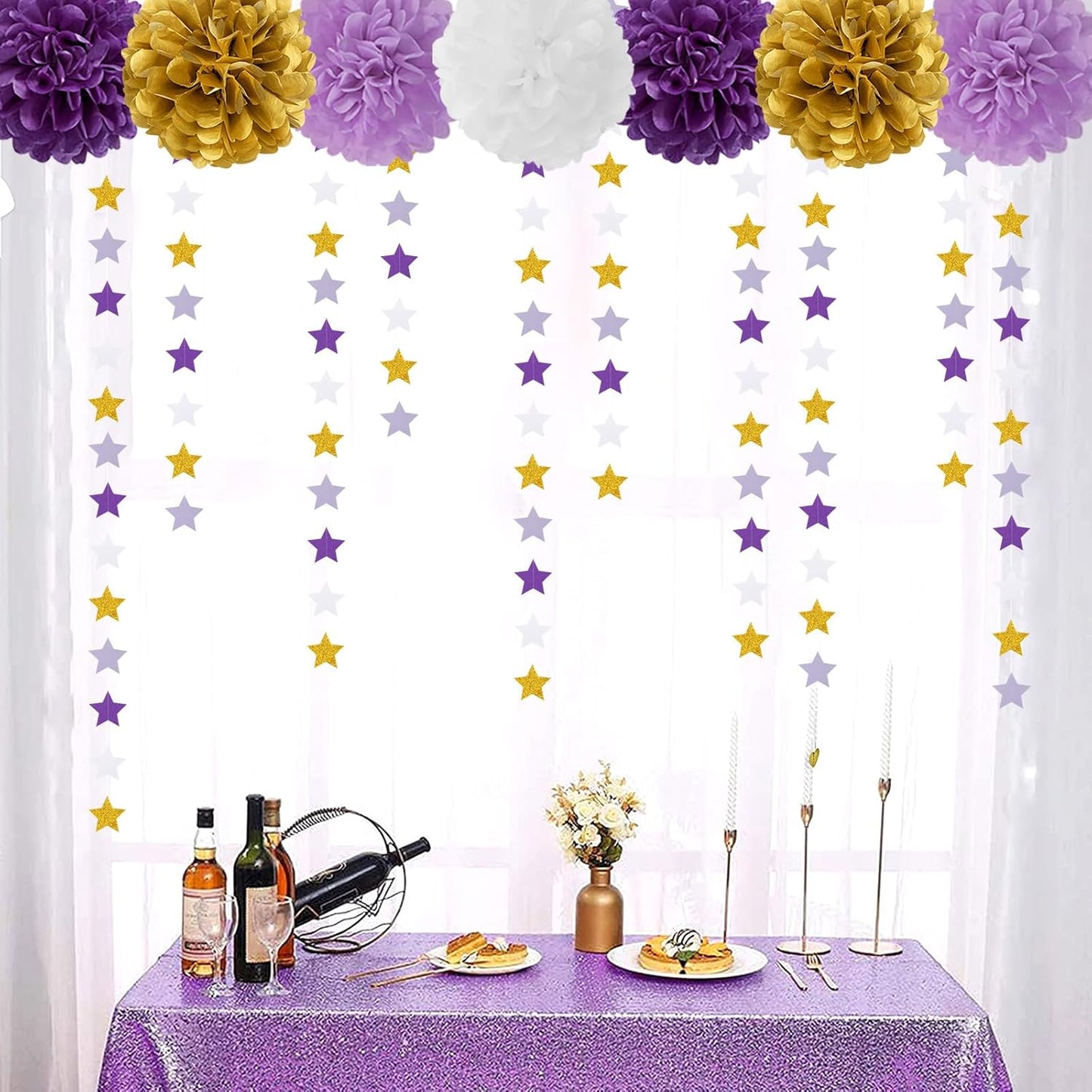Purple-Lavender White-Gold Party-Decorations Star Garland - 62ft Streamers Hanging Banner,Girl Birthday Wedding Twinkle Twinkle Little Star Baby Bridal Shower Graduation Decor Hugtmr