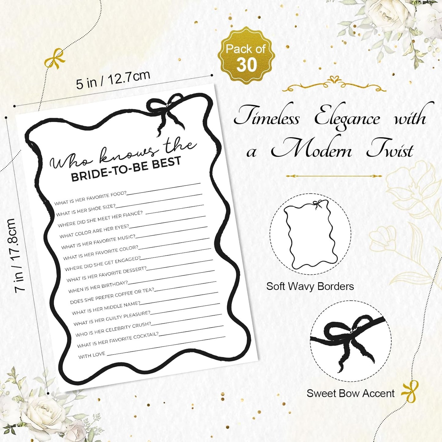 DEEKA 30 PCS Bridal Shower Games Card for 30 Guests Black Wavy Border Ribbon Bow Funny Wedding Bachelorette Party Games for Reception (Who Knows The Bride-to-be Best)