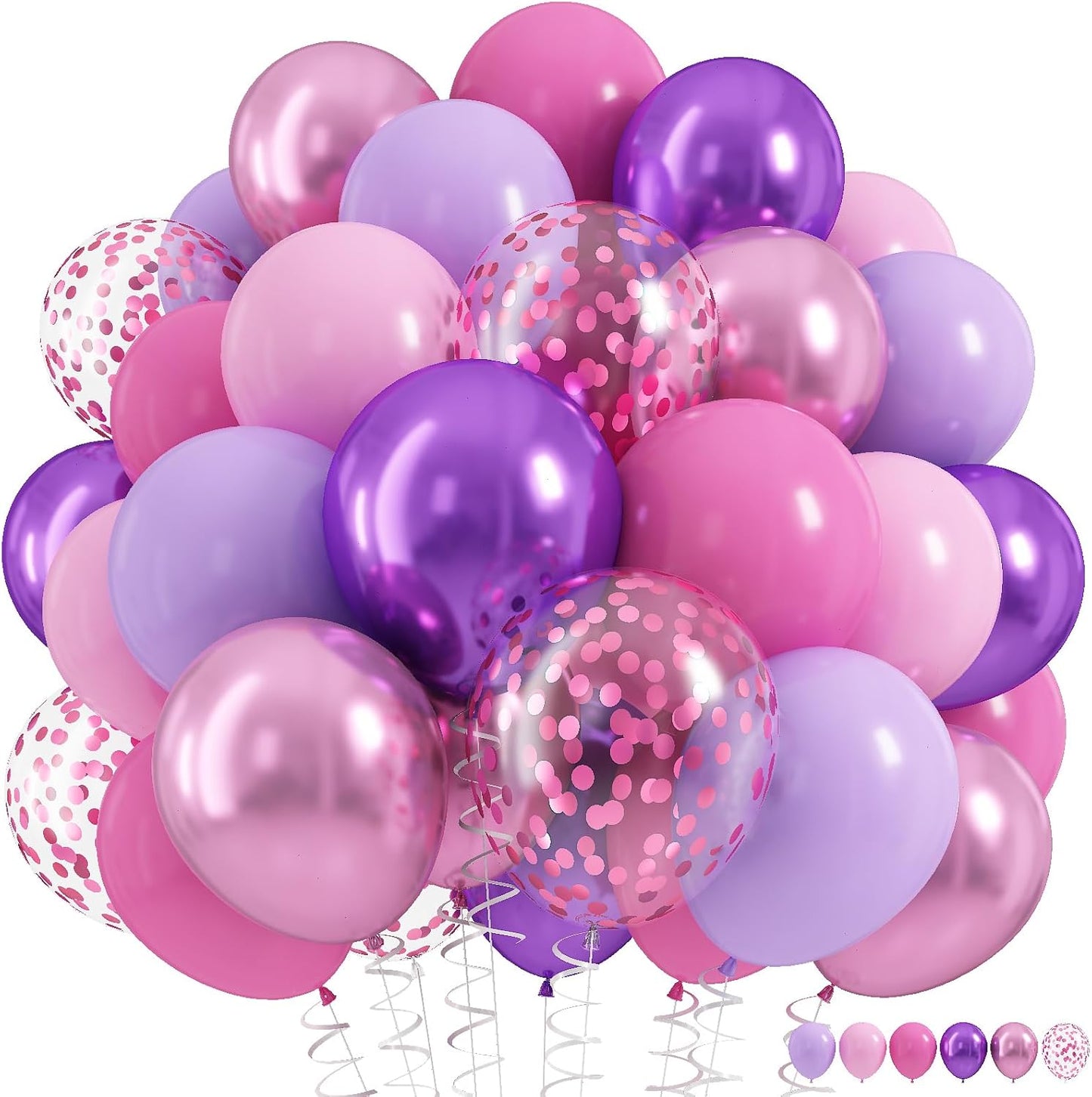 Pink and Purple Balloon, 60Pcs 12 Inch Pastel Macaron Hot Pink Light Pastel Purple Latex Balloon with Metallic Balloons Confetti Balloons for Women Birthday Bridal Baby Shower Wedding Party Decoration