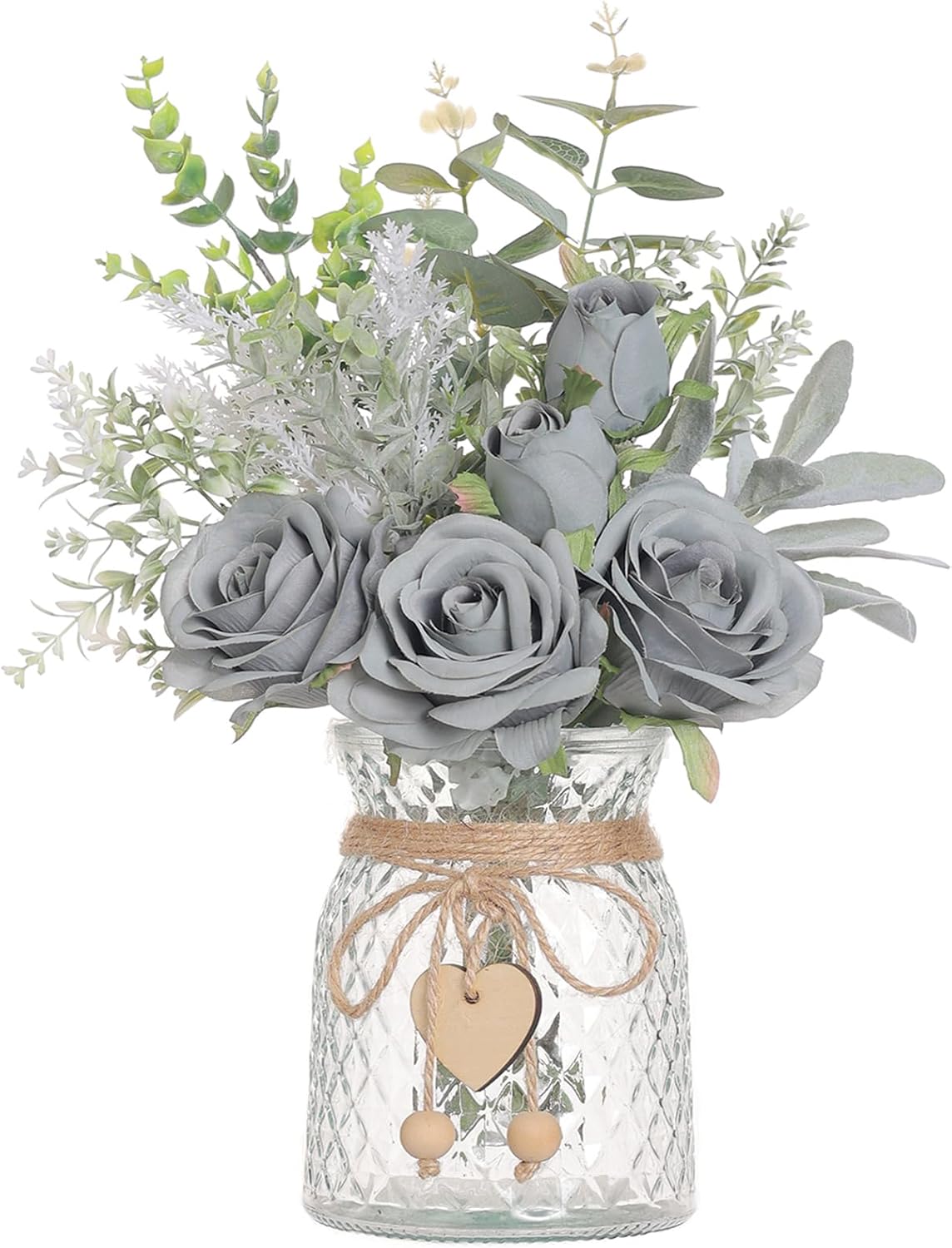 Faux Flowers with Vase,Artificial Silk Roses in Vase, Fake Plant Eucalyptus Flower Arrangement for Home Office Farmhouse Bathroom Dining Table Centerpiece Decorations Coffee Table Decor (Grey Blue)