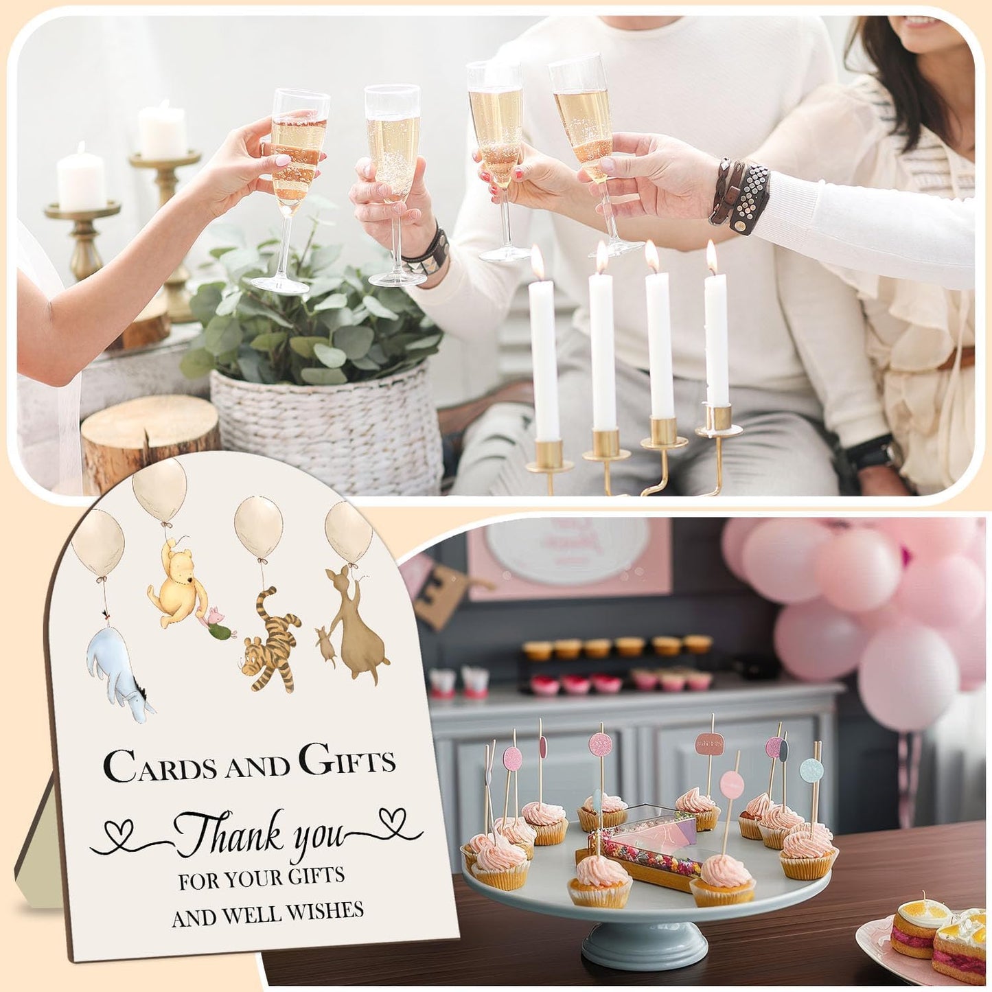 Winnie Cards and Gift Sign, Classic Pooh Thank You Wooden Sign, Classic Winnie Bridal Shower Baby Shower Favors, Thank You for Your Gift and Well Wishes Sign with Stand 9 * 11IN