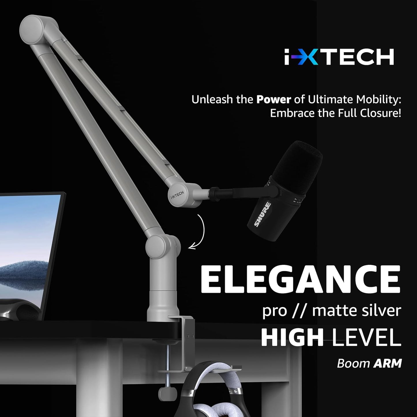 IXTECH Microphone Boom Arm with Desk Mount, 360° Rotatable, Adjustable and Foldable Scissor Mounting for Podcast, Video Gaming, Radio and Studio Audio, Sturdy and Universal.