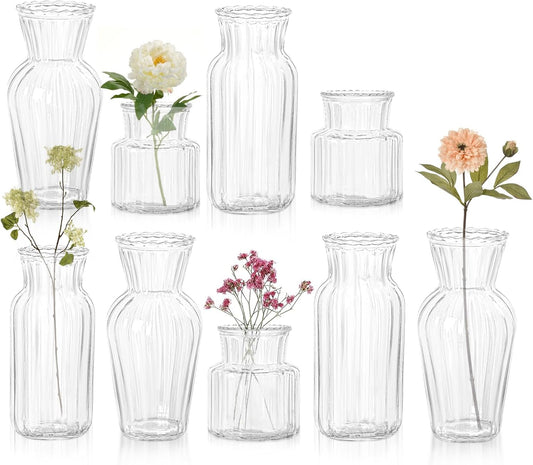Modern Clear Glass Vase Set - 9Pcs Small Handmade Flower Vases, Decorative Mini Bud Vases for Wedding Reception, Dining Table, and Home Decor - Perfect for Single Stem Flowers