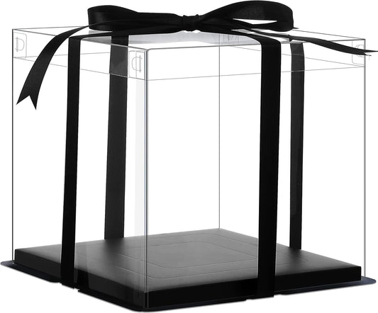 XININSUN 6Pcs Tall Cake Boxes Clear cake Box with Ribbon, 12x12x 10inch,Ideal for Large 10" and 12" Inch Tall Layer Tiered Cakes and Clear Gift Boxes for Wedding Party and Gift Display - Black