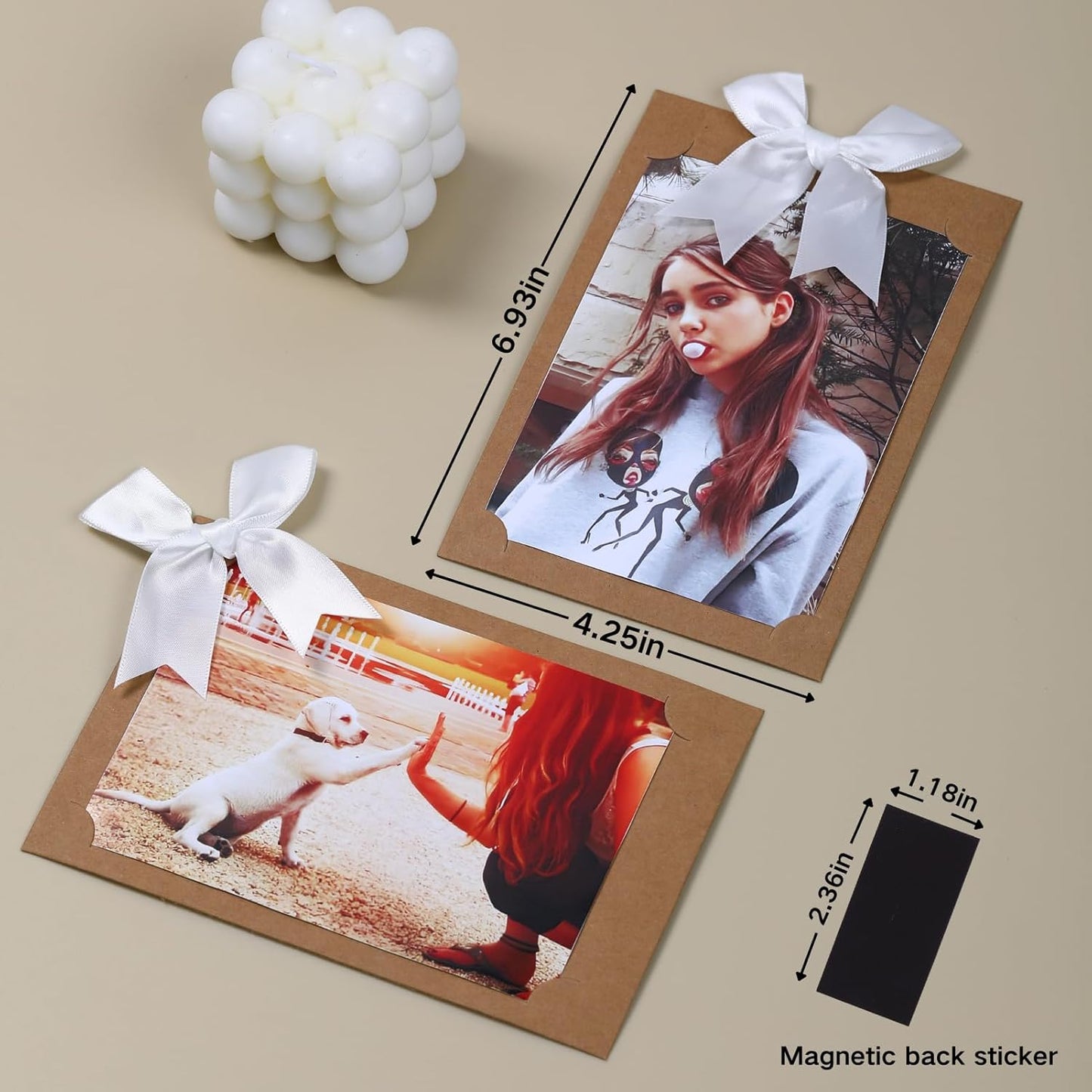 50 Pack 4x6 Magnetic Picture Frames for Refrigerator | Paper Picture Frame with Bowtie | Magnetic Photo Holders for Wire Wall Grid Panel, Locker, Classroom,Wedding,Homes, Decor - Khaki