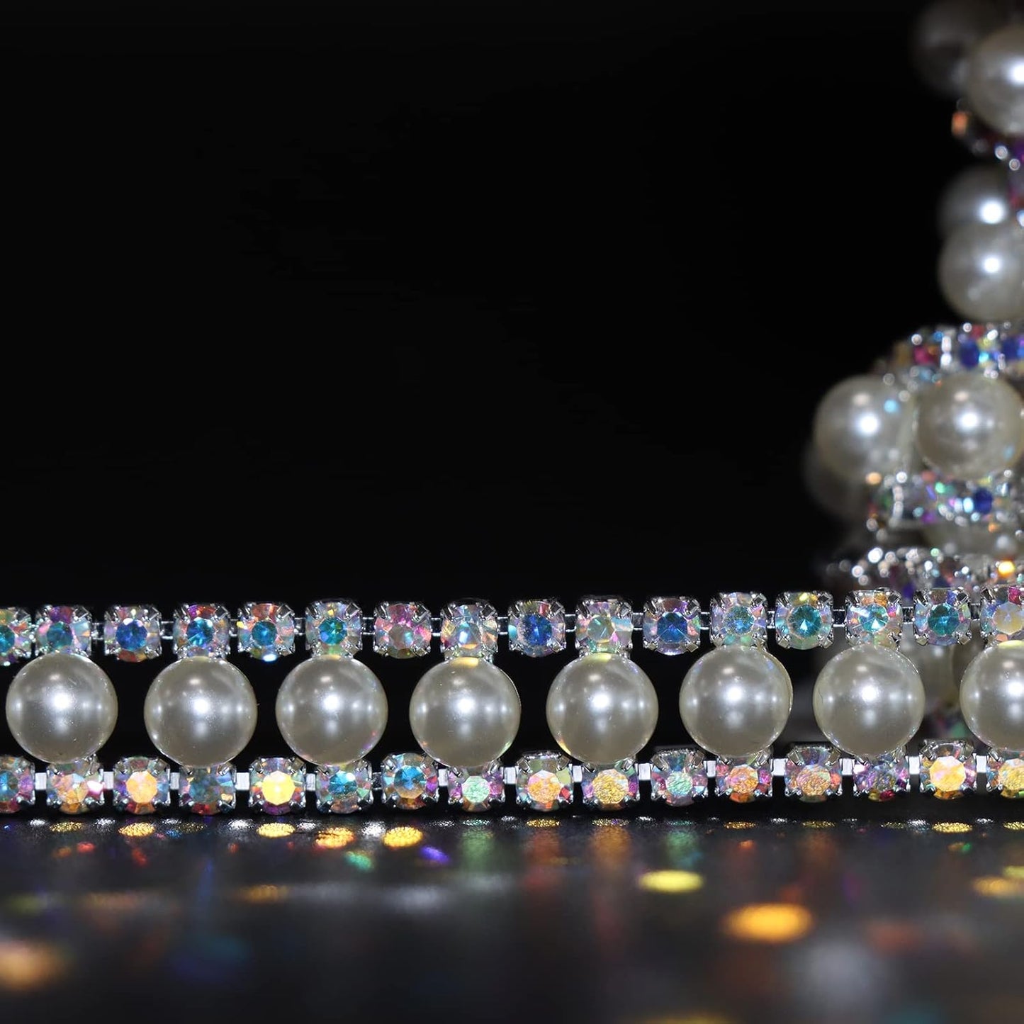 Jerler Rhinestone Trim Applique 1 Yard 2 Rows Crystal Chain Banding Diamond Inlaid White Pearl Beaded Rhinestones for Crafts Clothing and Bridal Embellishments Wedding Ideas Christmas Decorations