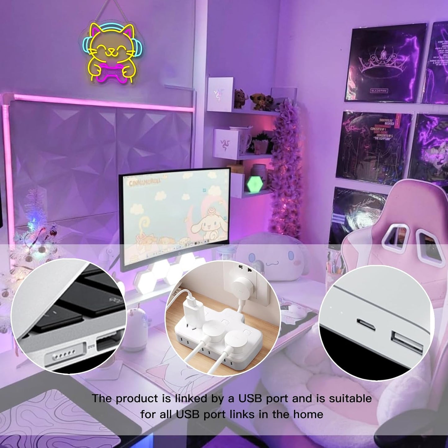 Ineonlife Game Cat Neon Sign for Wall Decor Light Up Cute Animal Led Signs for game room Acrylic Art Decor for home bar bedroom cafe man cave Decorations 12.99x12.6 inch USB POWER