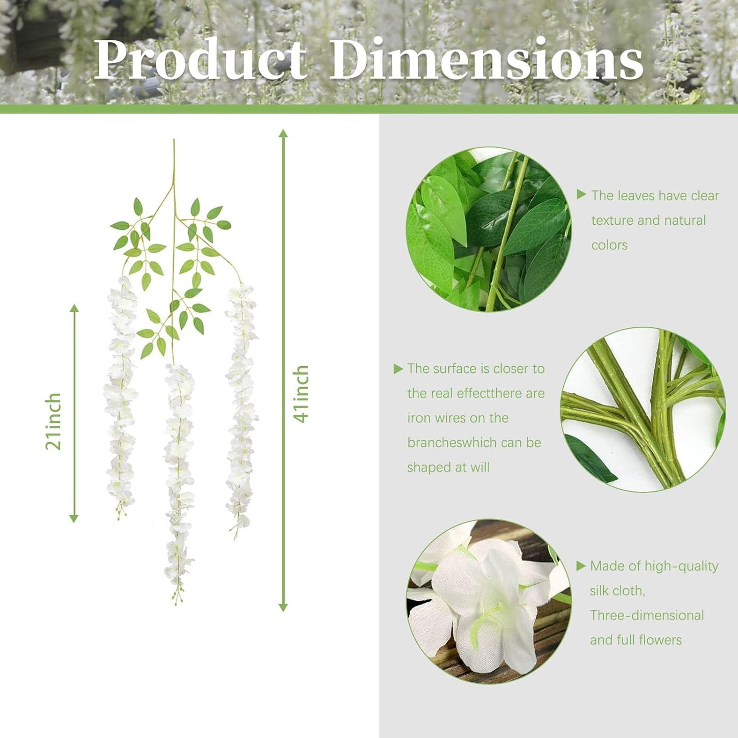 12 Pack Green White Wisteria Hanging Flowers, 3.44 Ft Fake Hanging Flowers, Artificial Wisteria Garland Vines for Wedding Room Backdrop Outdoor Patio Garden Decoration