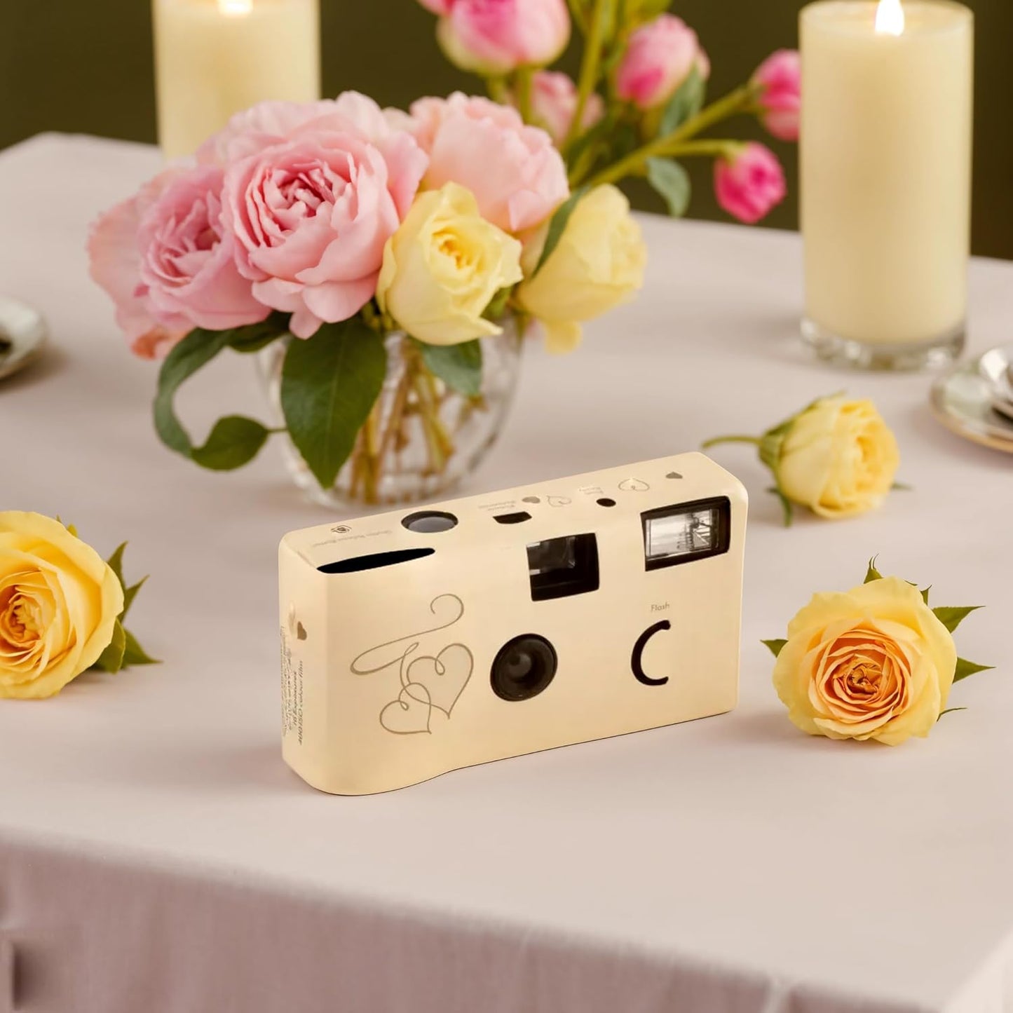 Weddingstar Disposable Camera with Flash - Single Use 35mm Film Camera for Wedding or Party Favors - Gold Enchanted Hearts