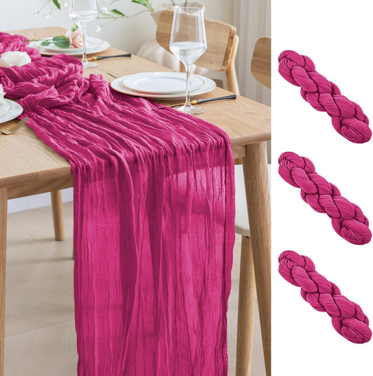 Asee'm 3pcs Cheesecloth Table Runner 120 Inches Long Fuchsia Boho Gauze Cheese Cloth Runner 10FT Rustic Sheer Table Runners for Christmas Wedding Party Baby Shower Spring Easter Decoration