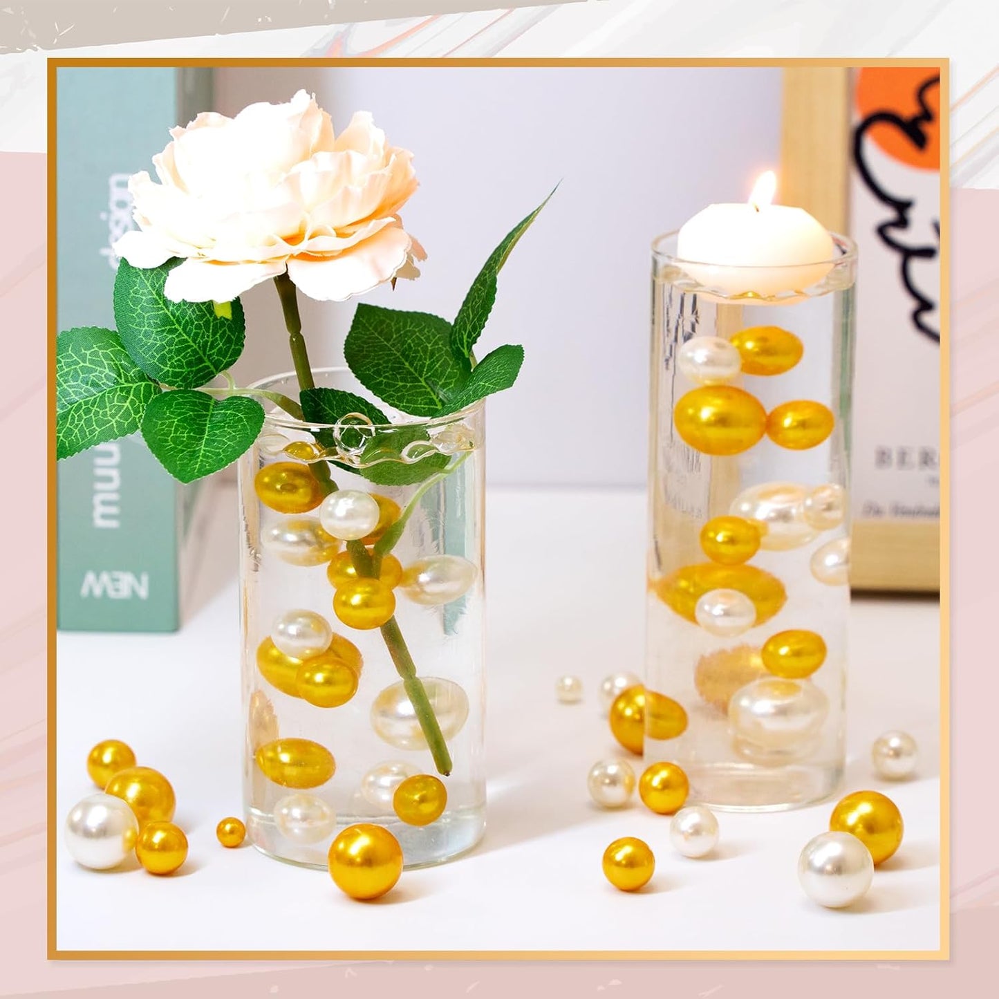 300Pcs Vase Filler Ivory and Golden Yellow No Hole Faux Pearl Beads for Vase Filling Decorations, Candle Centerpieces, Wedding Centerpieces, Home Party Decor (8/14/20mm)