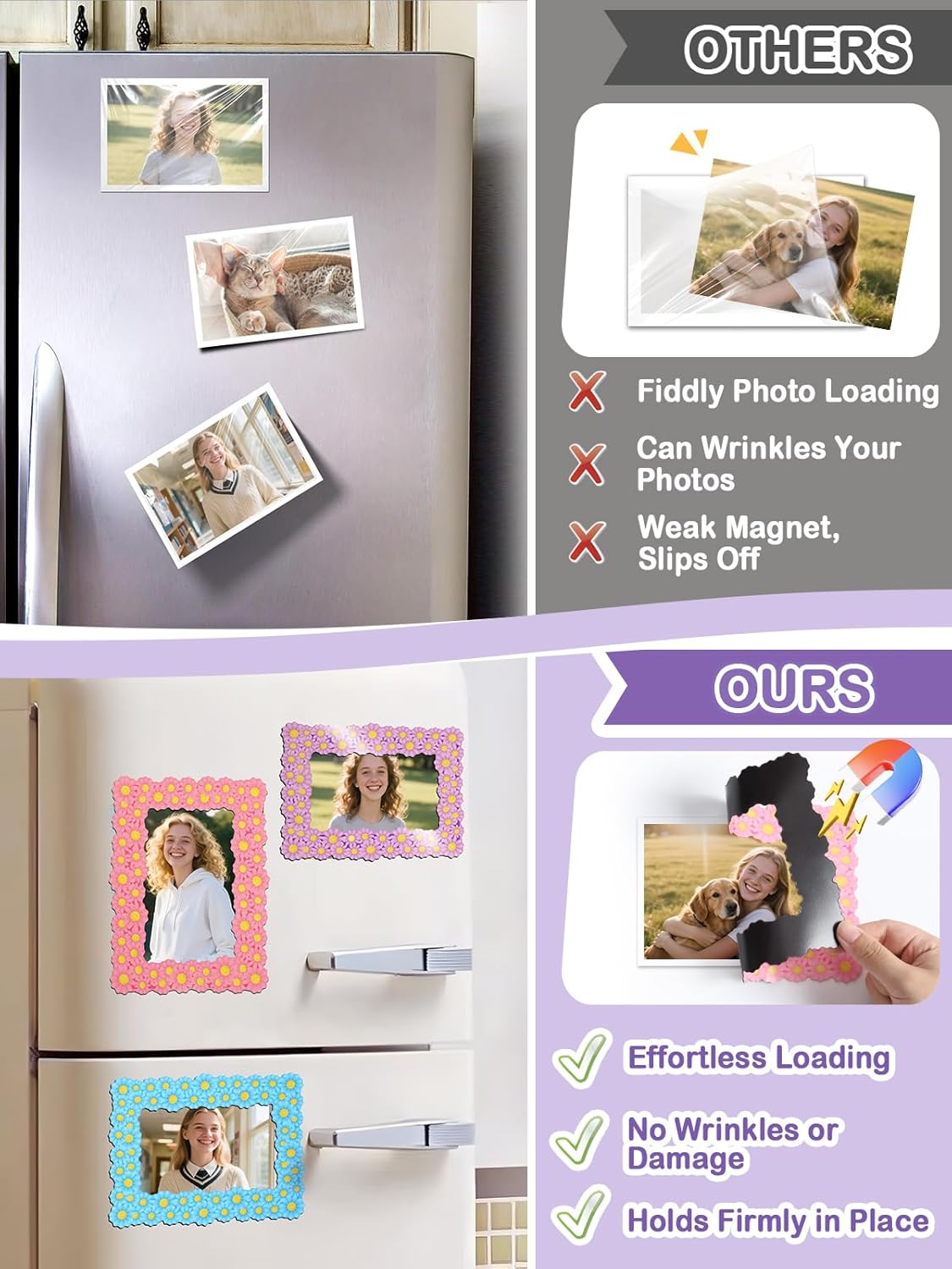 ANPHSIN 12Pcs Magnetic Picture Frame for 4x6in Photo - Cute Magnets Frames Fridge Decor Gifts for Girls Women, Home Refrigerator, Back to School Locker, Classroom Decorations Supplies, Daisy