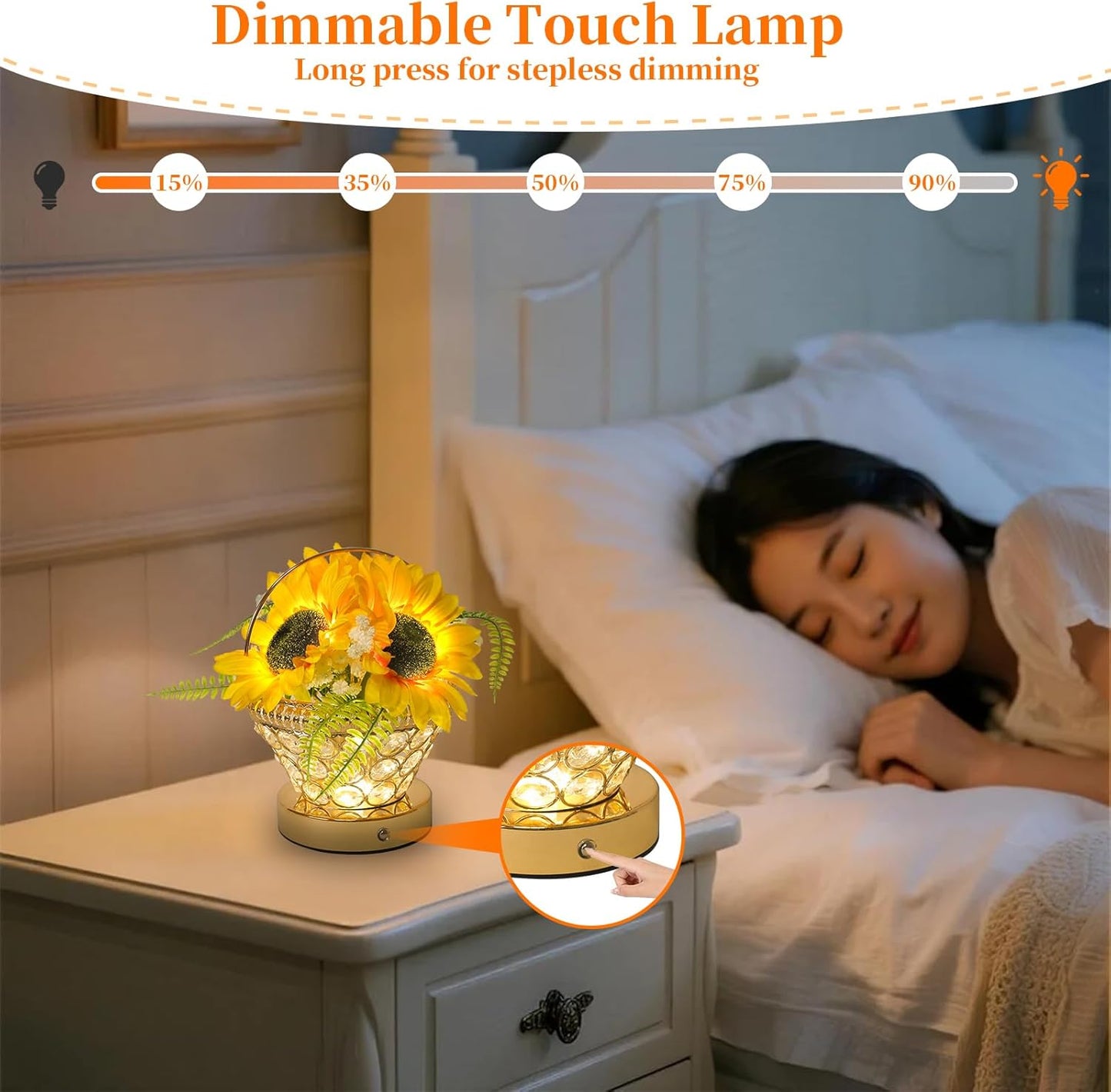 Birthday Gifts for Women, Gift Basket for Mom Sunflower Cordless Table Lamp,3 Color Crystal Lamps Touch Bedside Lamps Infinitely Dimming with USB Charge Small Night Light for Bedroom