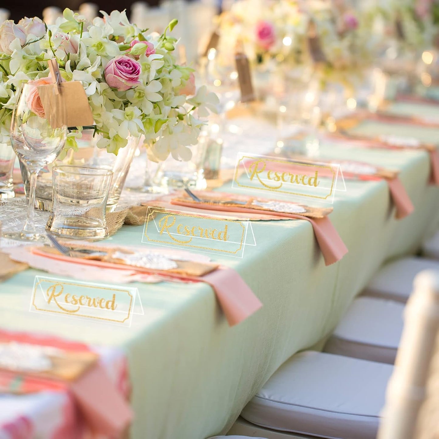 Jetec 16 Pieces Reserved Sign Acrylic Clear Reserved Table Tent Signs Table Number Holders for Wedding Printed Seating Reservation Restaurant Business Office Meeting Party (Gold)