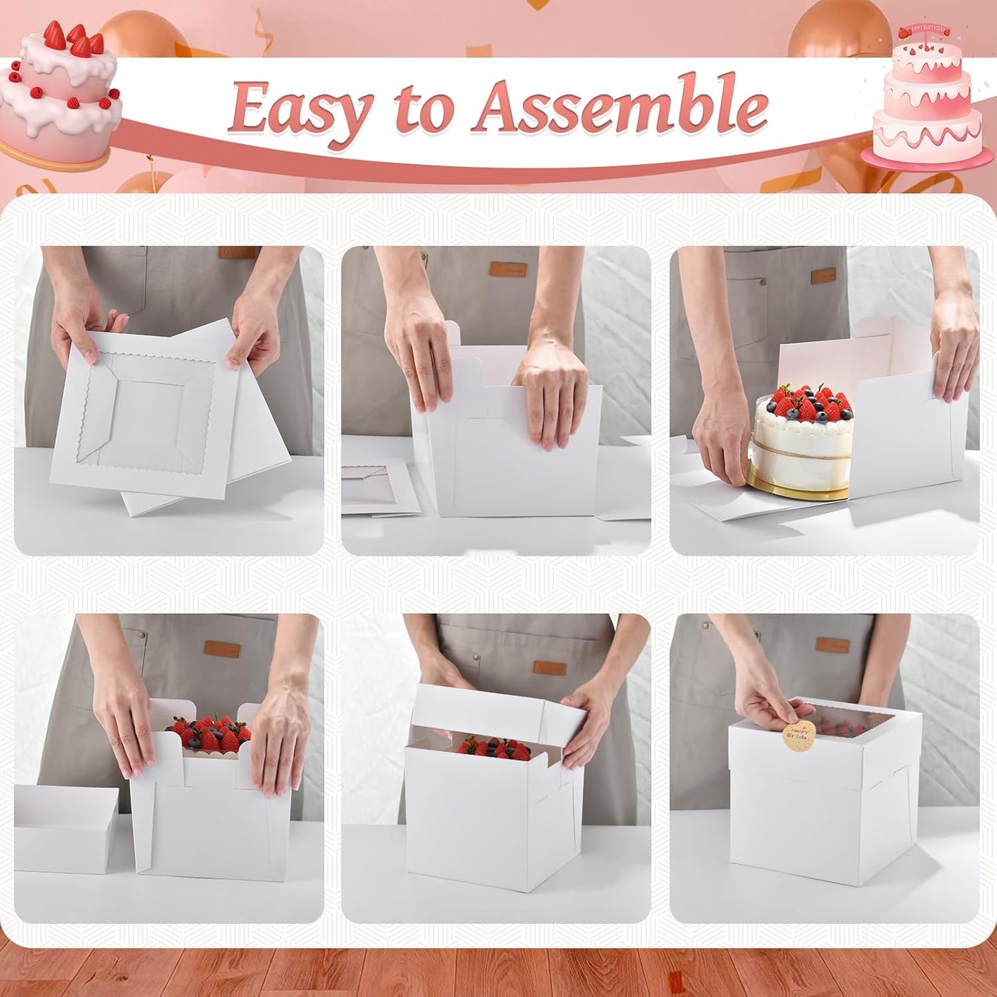 12Pcs Cake Boxes, 12x12x8 Inches Tall Bakery Boxes with Window, Large White Disposable Tier Cake Containers for Pastries, Pie, Cookies, Chocolates, Cupcakes, Birthday Party Dessert Boxes