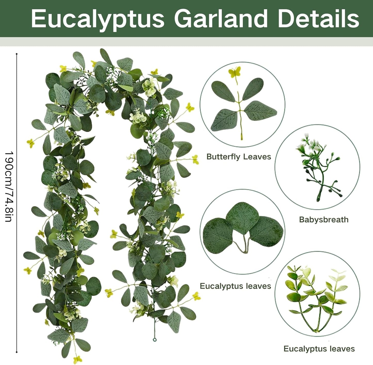 ASTRYAS 2 Pack 6.23Ft Artificial Eucalyptus Garland with Flowers, Fake Rose Garland Greenery Garlands Floral Vines for Wedding Spring Home Party Craft Art Table Runner Decor(White)