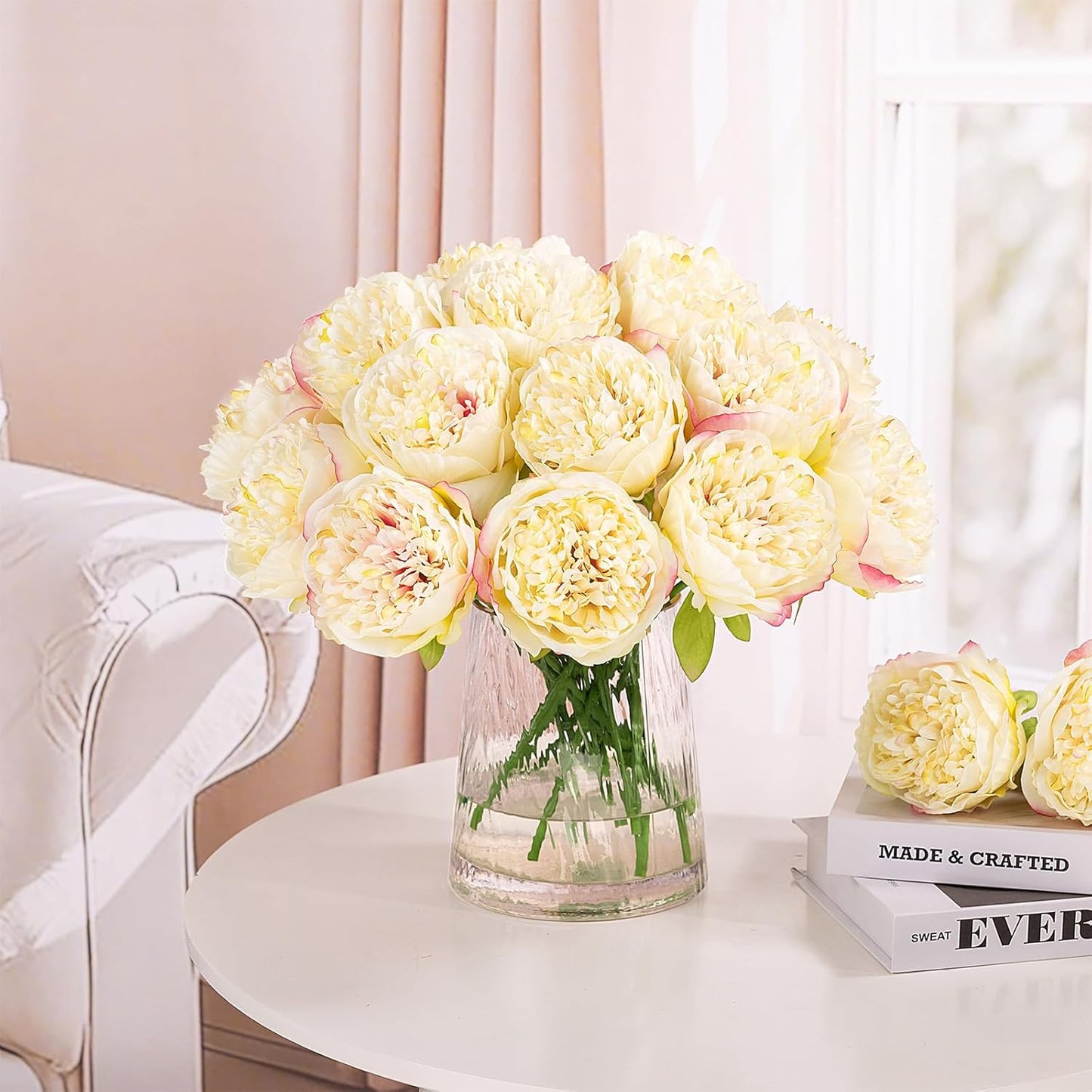 U'Artlines 2 Bouquet 10 Heads Artificial Peony Silk Flower Leaf Home Office Wedding Party Festival Bar Decor (Champagne)