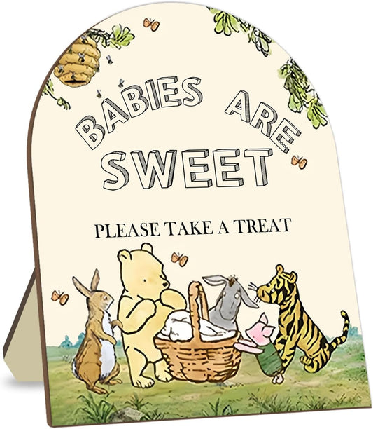 Classic Winnie Baby Shower Welcome Sign, Classic Pooh Babies are Sweet Please Take A Treat Sign, Cute Animals Decor Welcome Sign, Birthday Party Decor Supplies 9 * 11IN