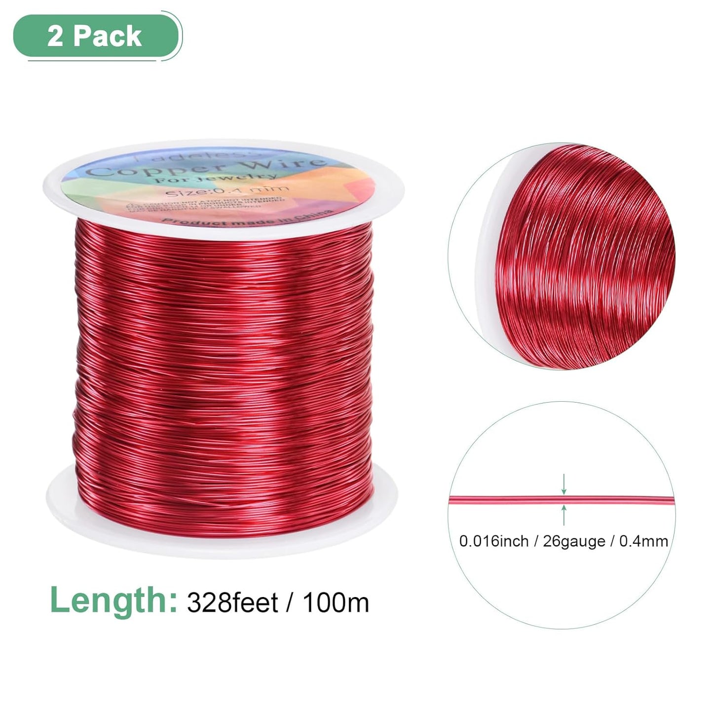 2-Rolls 0.4mm Jewelry Wire, 26 Gauge 328FT Craft Wire Copper Beading Wire for Jewelry Making/Planting/Weaving/DIY Crafting, Soft Metal Wires [100M, Red]