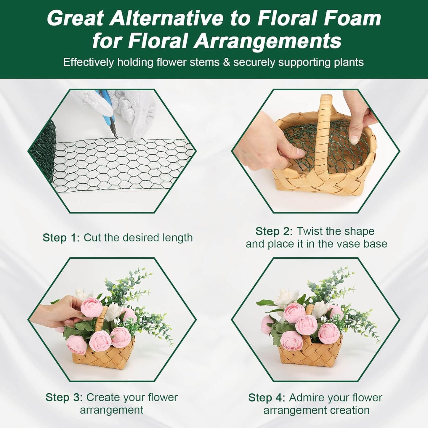 4 × 236 in Floral Wire Netting, Green Chicken Wire for Floral Arrangements, Galvanized Coated Chicken Mesh Netting with Plier & Plant Ties for Floral Supplies | Garden Fencing | DIY Craft