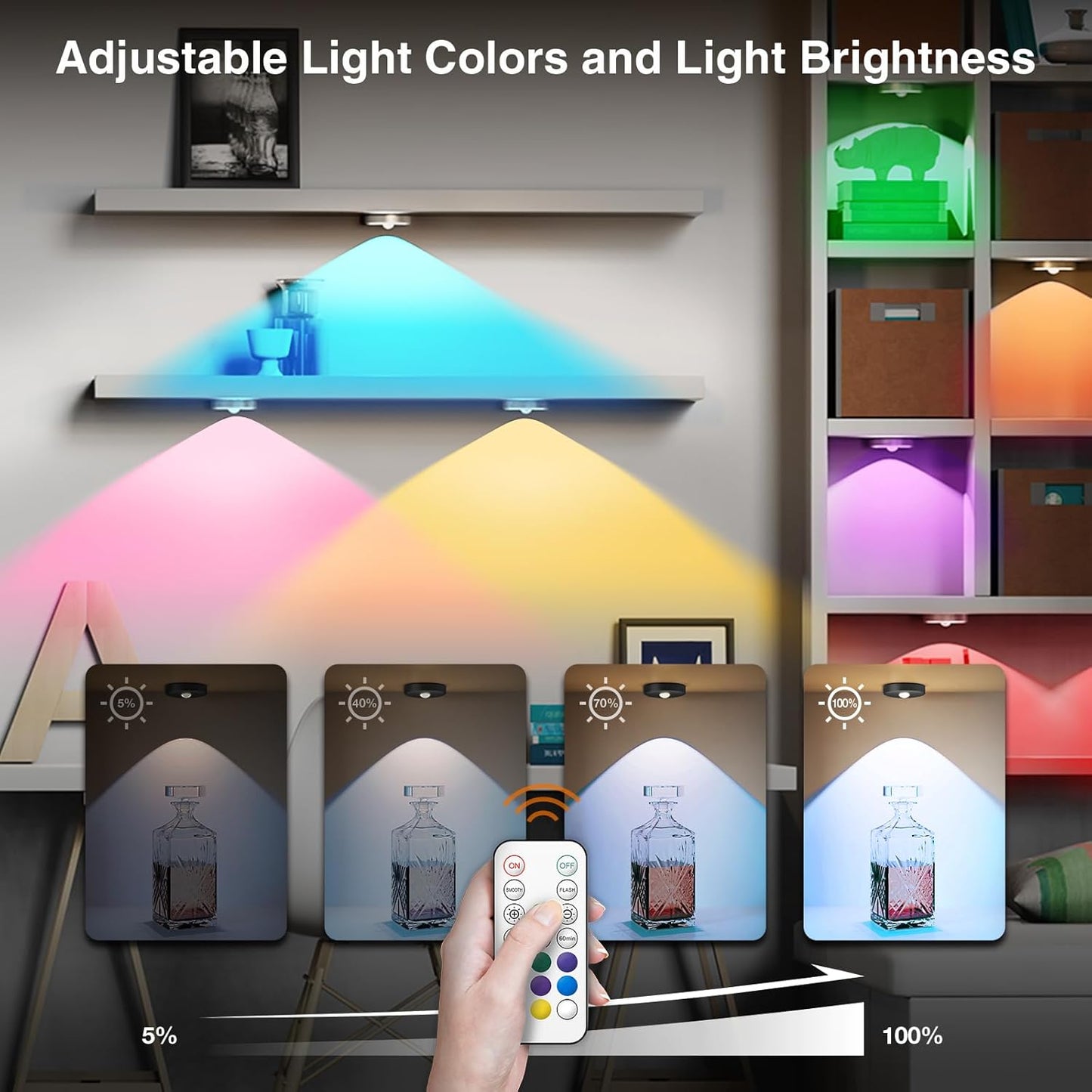 RGB Puck Lights with Remote Control, 2000mAh Rechargeable Stick on Led Lights, 9 Colors & 2 Dynamic, Tap Light with Timing,Under Cabinet Lighting for Closet,Kitchen,Cabinet,Shelf(Silver, 5 Pack)