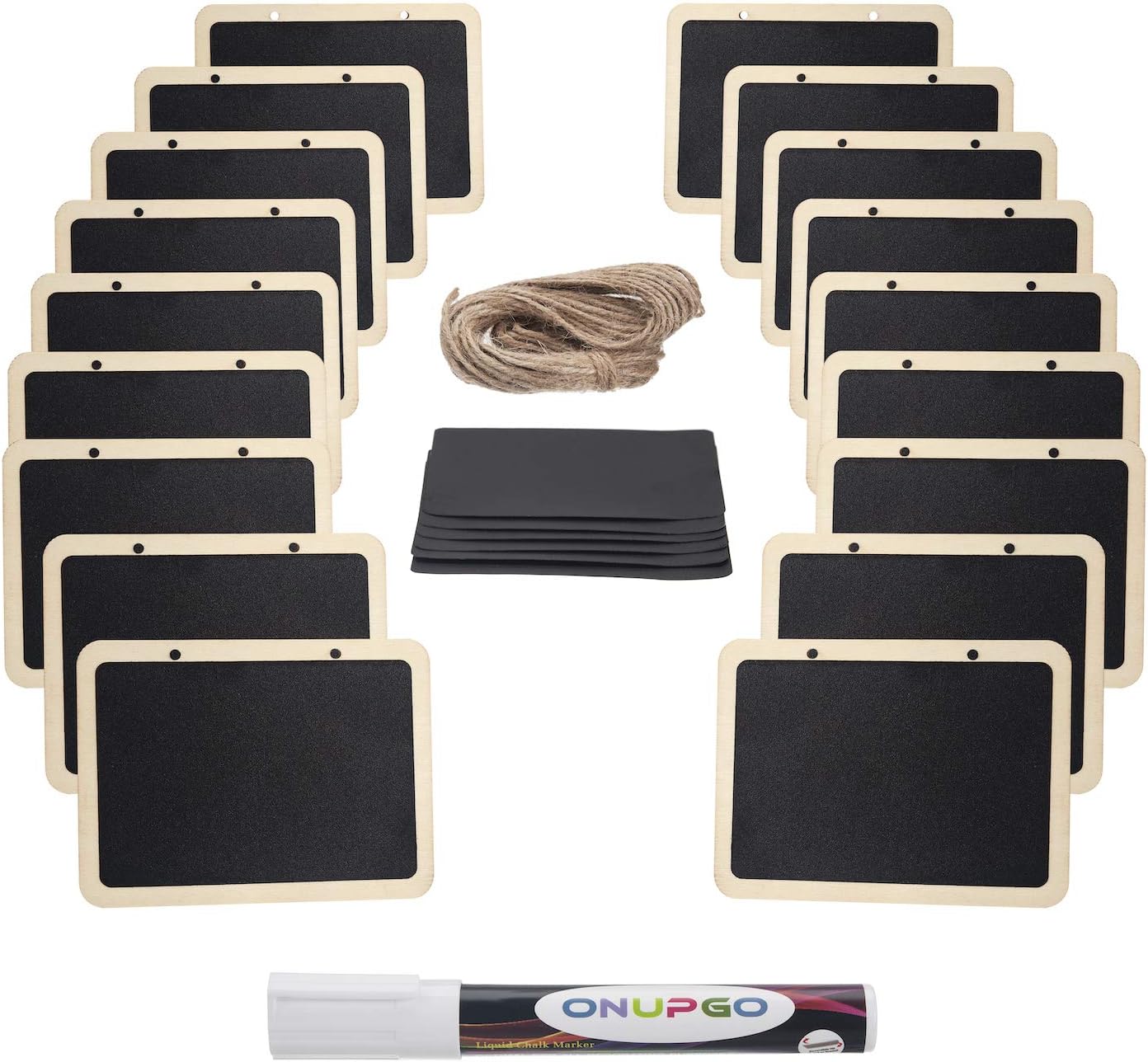 ONUPGO 16 Pack Chalkboard Tags for Baskets with String, Mini Erasable Chalkboards with Hanging String, Wooden Mini Chalkboard Signs, Hanging Chalkboard Labels, Price Tags, Message Tags
