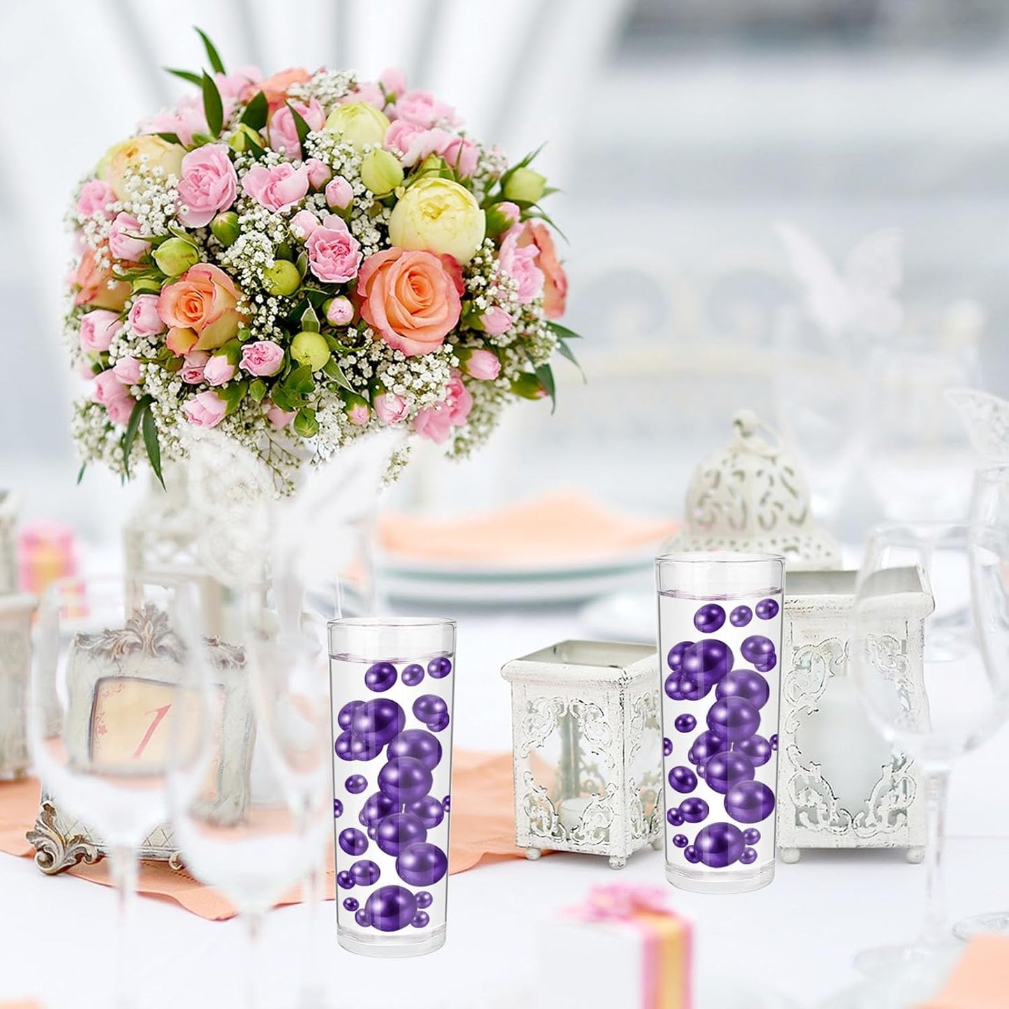 100PCS Purple Faux Pearls Beads for Centerpiece Vases, Vase Filler Faux Pearls, No Holes Filler Beads for Party Anniversary Birthday Wedding Table Decor, 14/20/30mm