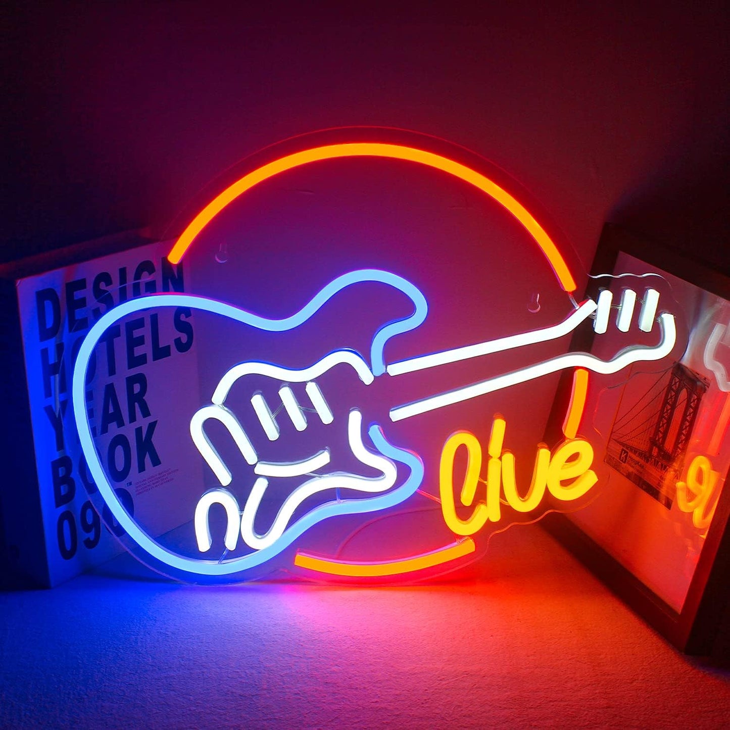 Wanxing Live Music Neon Signs Guitar Shape LED Signs Game Art LED Neon Signs for Wall Decor Studio Neon Light Signs USB Powered Switch Lights Up Sign for Party Lover Girl Boy(Colorful Guitar Live)