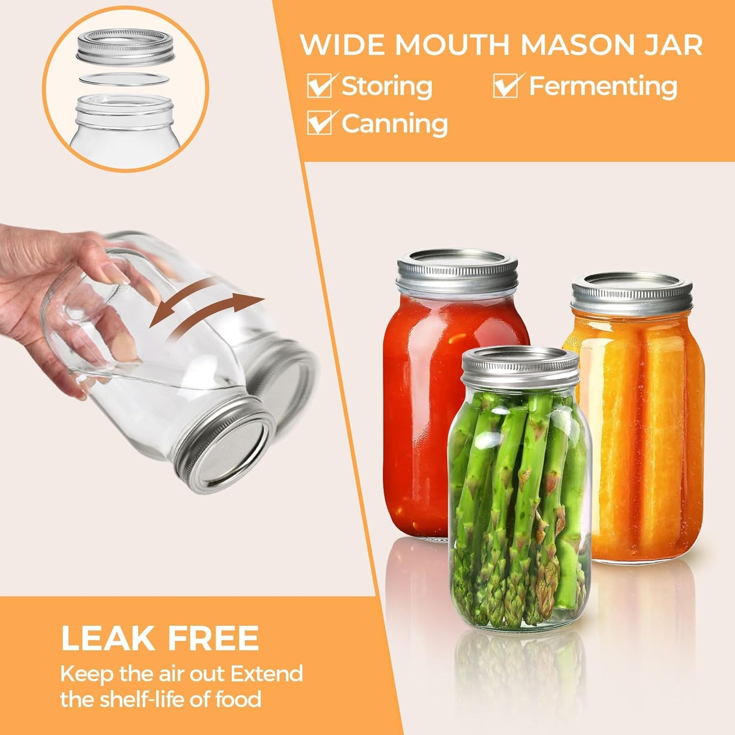 ComSaf 24 oz Mason Jars Regular Mouth 6 Pcs, Large Canning Jars with Seal Bands, 24 oz Glass Jar with Lid for Jams, Sauces, Juice, Coffee, Pickling, Fruit, Dessert, Kitchen Storage