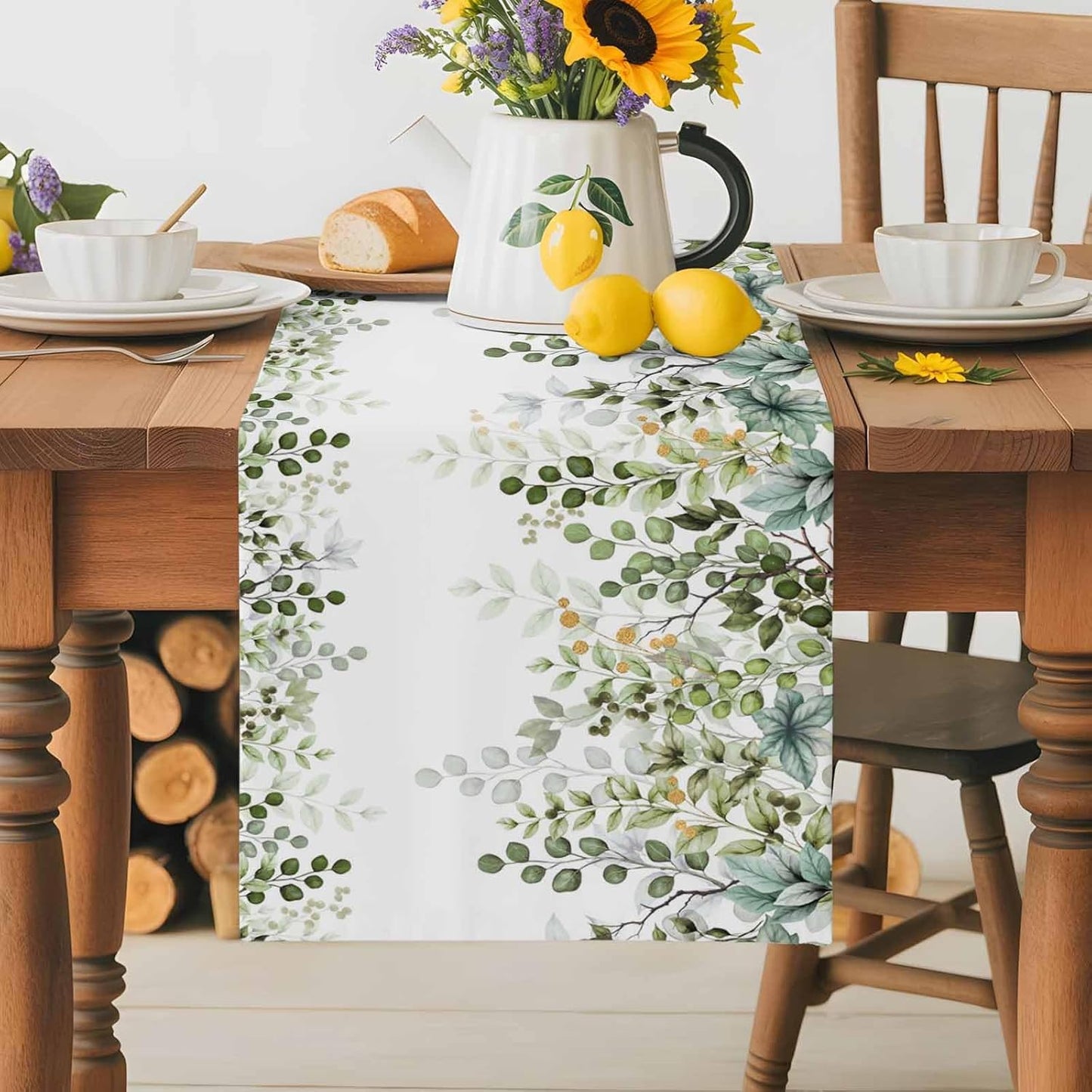 Sage Green Eucalyptus Cotton Linen Table Runner for Dining Kitchen, Farmhouse Leaves Wedding Outdoor Party Tablerunners Decoration Botanical Floral Dresser Scarf Coffee Tablecloth Runners 13x48 Inches