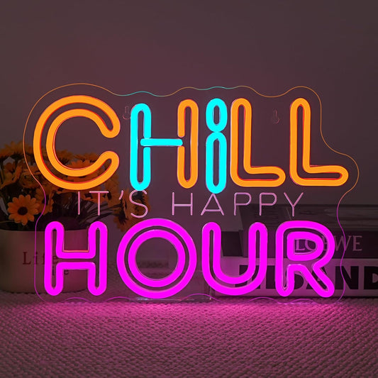 CHILL HOUR Neon Sign, Colorful LED Wall Light with “It’s Happy Hour” Quote, Aesthetic Neon Bar Sign for Bedroom, Dorm, Game Room, Home Party Décor