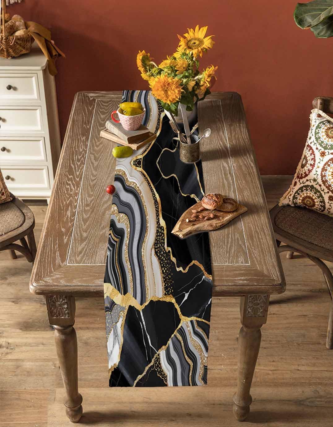 Geometric Black Marble Cotton Linen Table Runner for Dining Kitchen, Wedding Outdoor Party Tablerunners Decoration, Farm Marble Liquid Ripple Abstract Dresser Scarf Coffee Tablecloth Runners 13''x36''