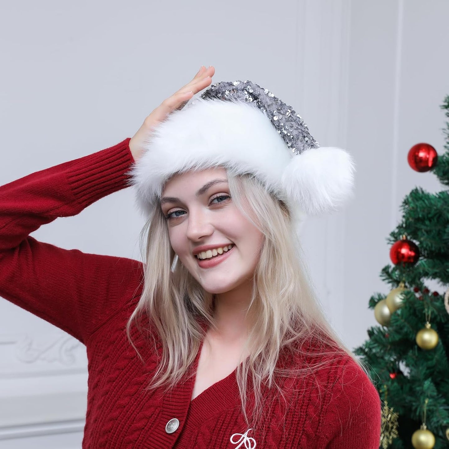 Personalized Sequin Santa Hat for Adults, Red Glitter Christmas Party Hat, Xmas Halloween New Year Holiday Headwear