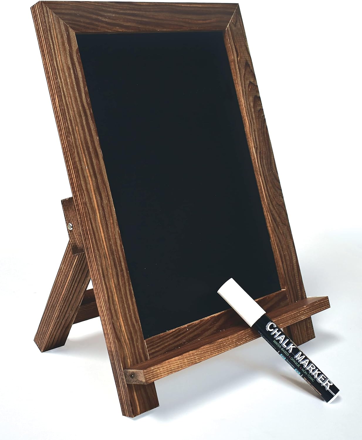 Better Office Products Framed Tabletop Chalkboard Sign, 9.5" x 14", Rustic Wood Frame, Small Magnetic Chalkboard, Built-in Ledge and Folding Stand, One White Chalk Marker Included,(Rustic Brown)