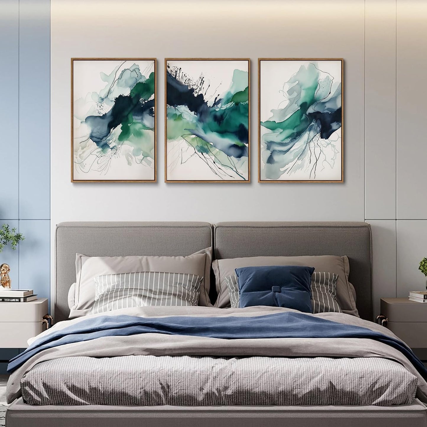myusuar 3 Piece Large Abstract Framed Wall Art For Living Room, Smoke Texture Ink Emerald Green Canvas Wall Art Modern Minimalist Art Prints Wall Décor For Bedroom Office 12x16in