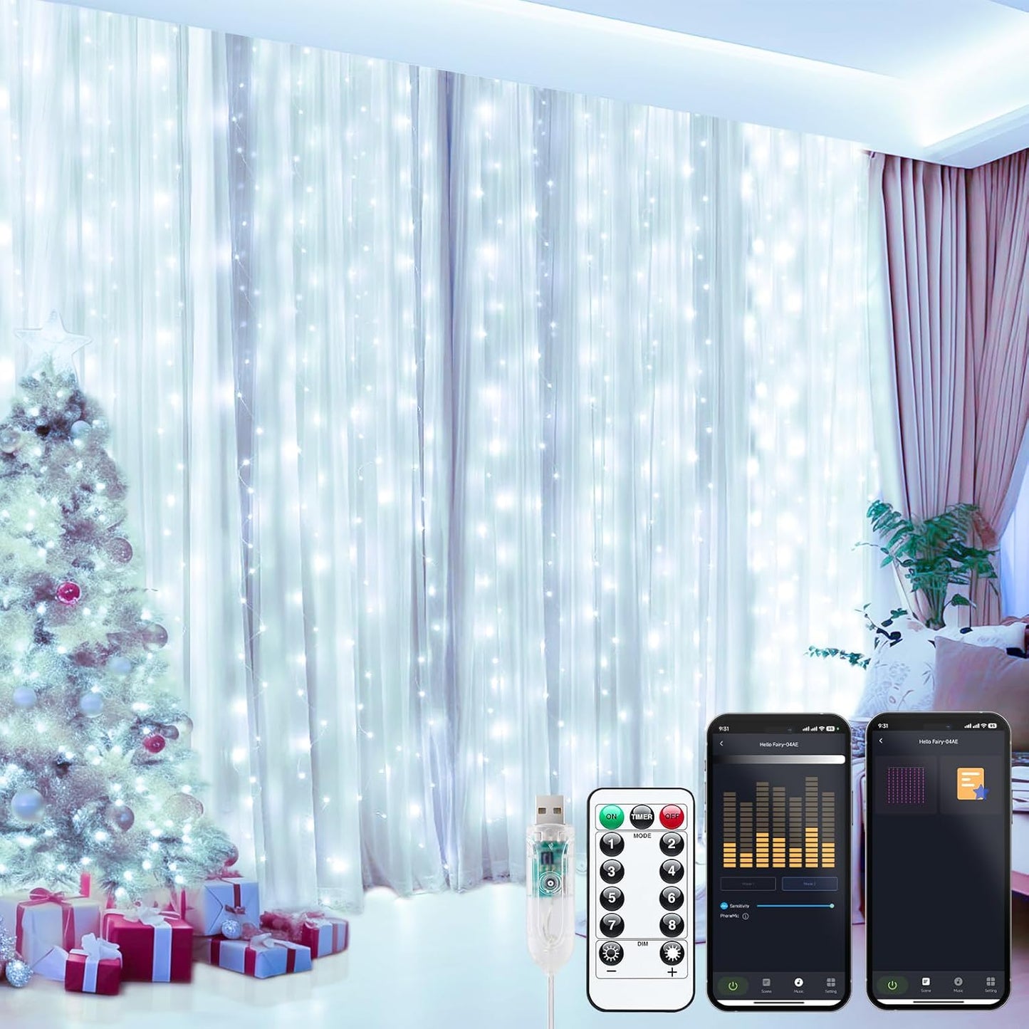 Brightown Smart Curtain String Lights - 9.8ft 300 LED Fairy Light with APP Remote, 8 Modes, USB Powered Waterproof Christmas for Bedroom Wedding Party, White