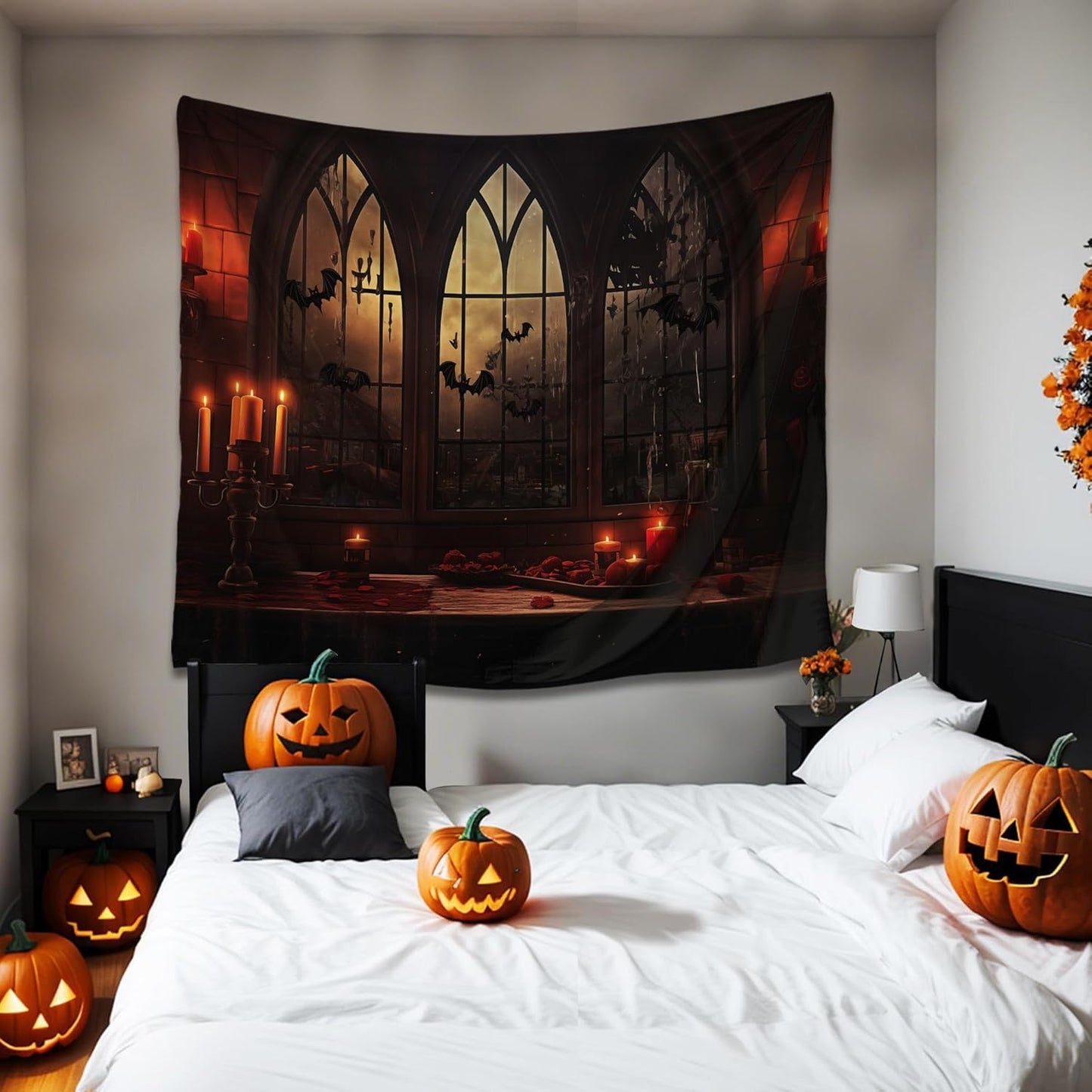 QGHOT Halloween Tapestry Wall Hanging Horror Castle Window Tapestry Gothic Spooky Backdrop Vampire Medieval Tapestries for Bedroom Living Room Dorm Wall Art Decor (59.1"x51.2")