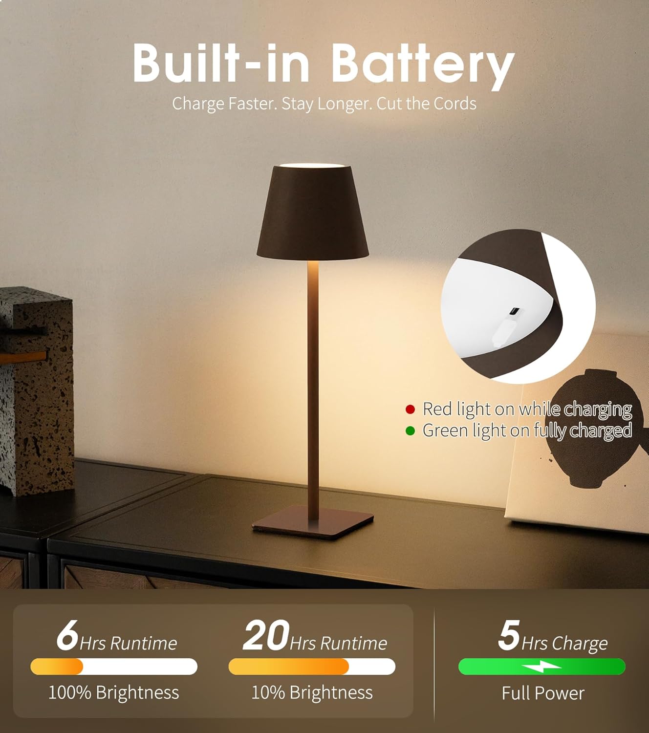 UME 3 Pack Cordless Table Lamp, Battery Operated Lamp - Portable Waterproof Rechargeable Table Lamp w/ 3 Color Temps & Stepless Dimming for Dinner, Desk, Cafe, Outdoor (Matte Brown)