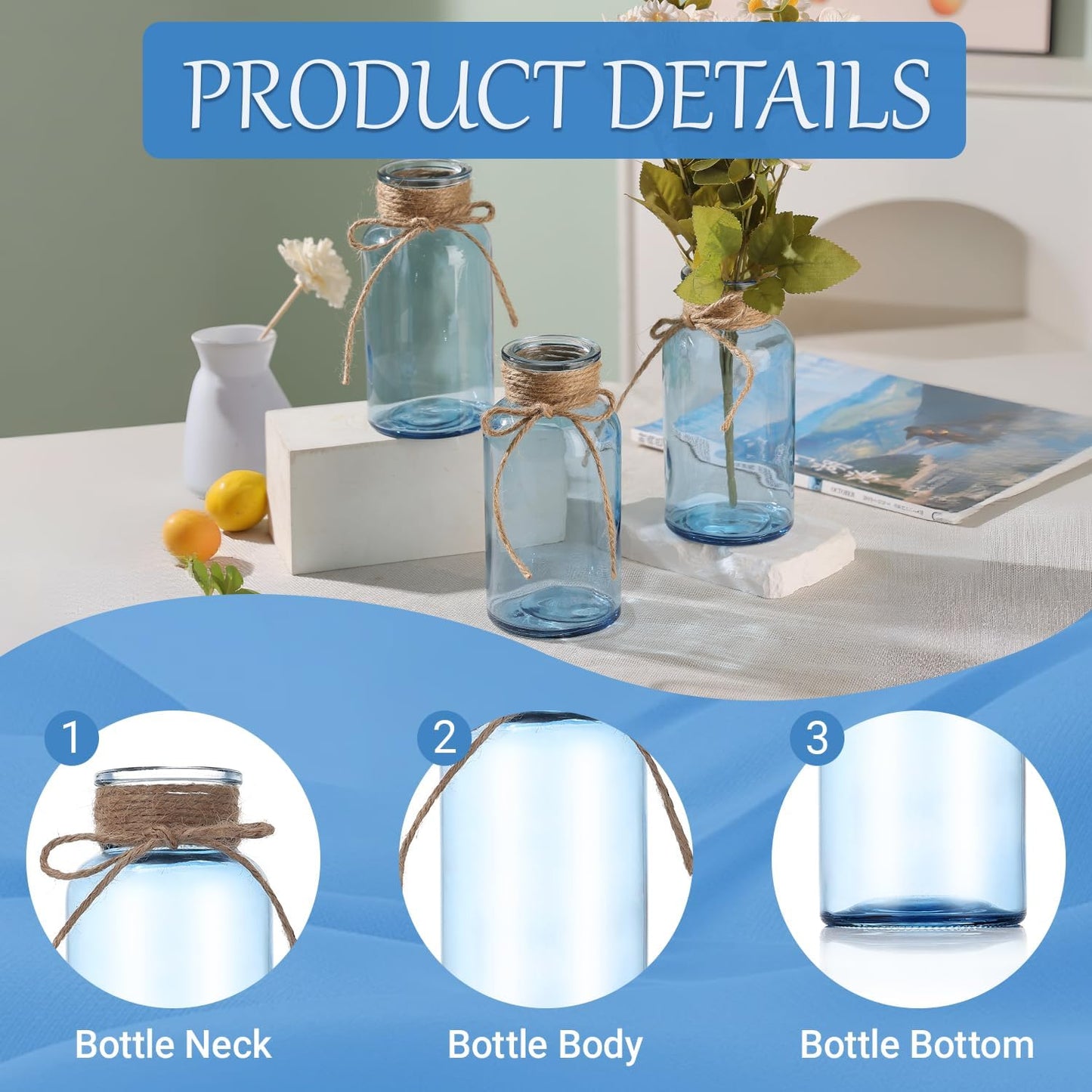 Blue Glass Flower Vases for Centerpieces Set of 12, Mason Jars Boho Cylinder Bud Vases in Bulk, for Weddings Parties Vintage Home Decor