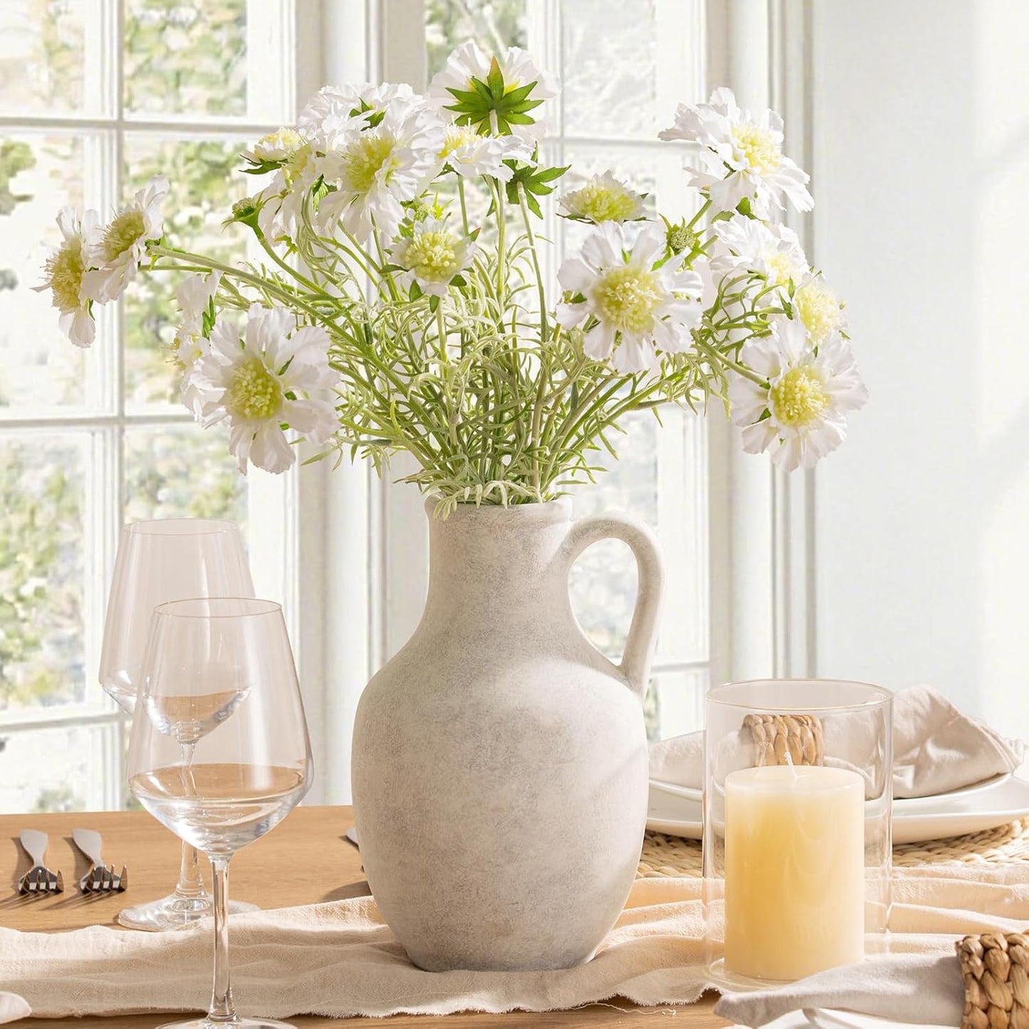 Ceramic Flower Vase Home Decor - 10 Inch Large White Rustic Table Flowers Vases Living Room Bedroom Plant Decorations Farmhouse Vintage for Kitchen Shelf Office Coffee Dining Desk House Women