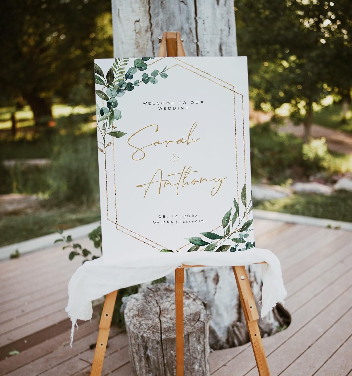 Welcome Wedding Signs, Greenery Geometric Wedding Sign Decorations Signage 12" X 18" (Small), 27" (Medium), 36" (Large), Plastic, Modern, Pole Mount, Weather