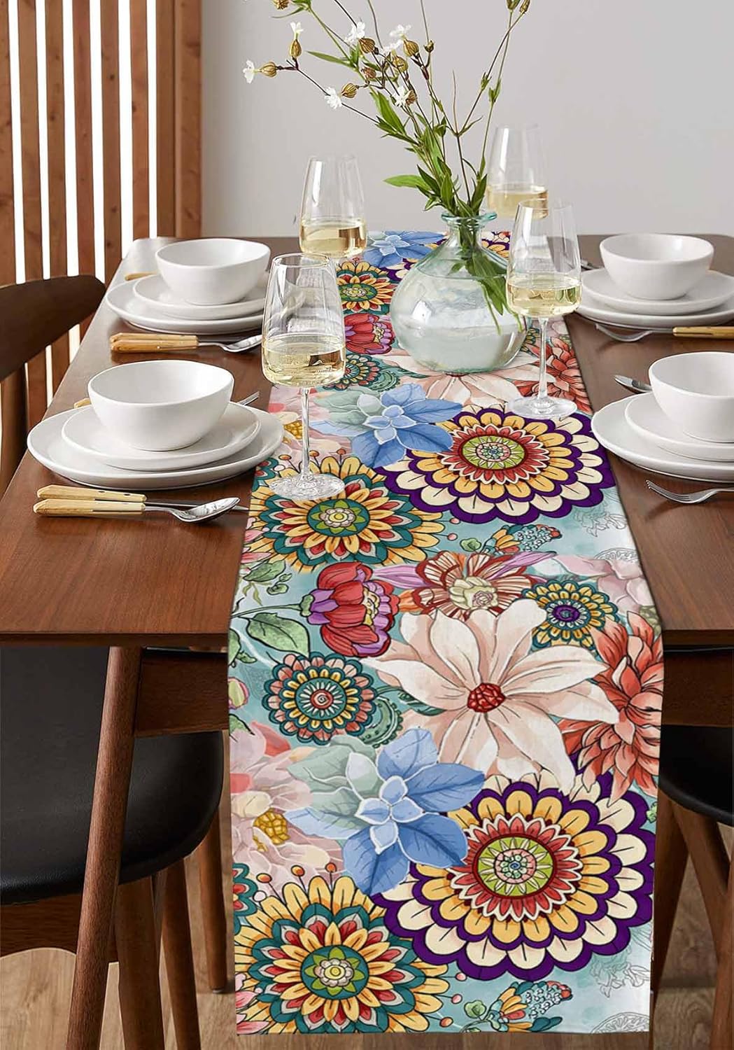 Boho Flowers Cotton Linen Table Runner for Dining Kitchen, Wedding Outdoor Party Tablerunners Decoration, Colorful Floral Farm Vintage Botanical Dresser Scarf Coffee Tablecloth Runners 13x60 Inches