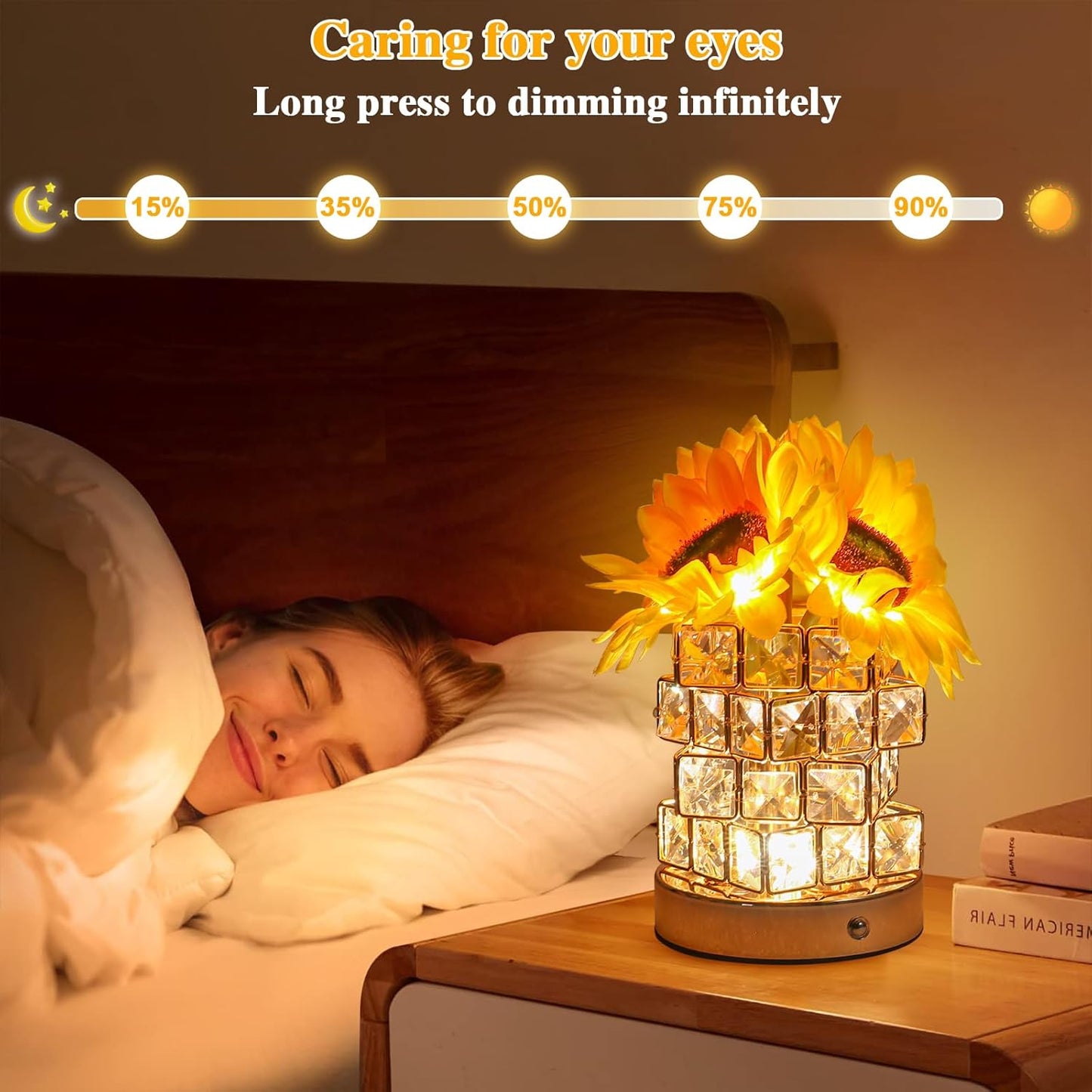 Birthday Gifts for Women/Mom Sunflower Cordless Table Lamp,3 Color Crystal Lamps Touch Bedside Lamps Infinitely Dimming with USB Charge Small Night Light,Nightstand Lamp for Bedroom (Square)