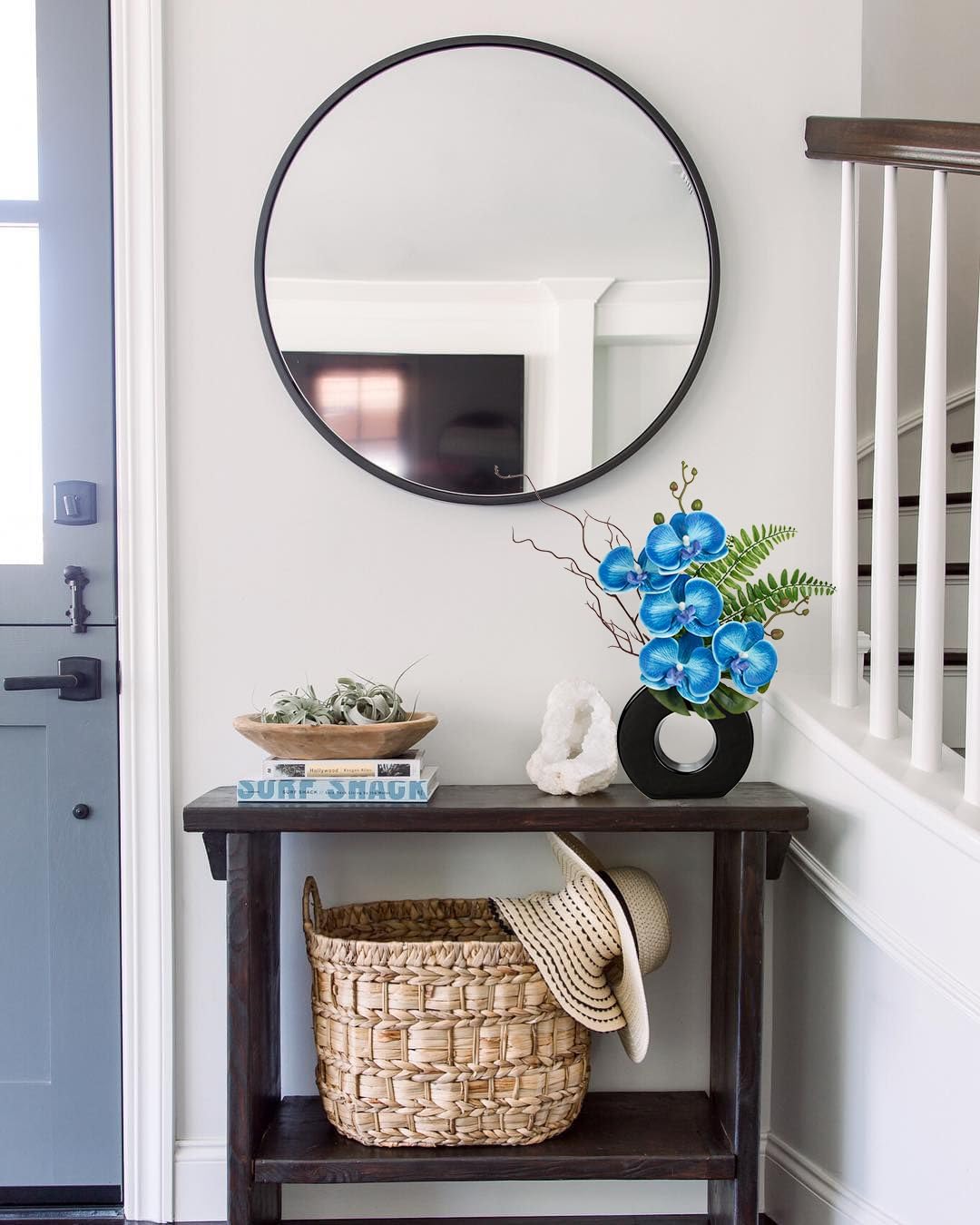 Briful Blue Orchid Fake Flowers with Black Vase, 16.1'' Artificial Orchid Silk Flowers Faux Orchid Arrangement for Home Office Room Table Centerpiece Modern Decoration