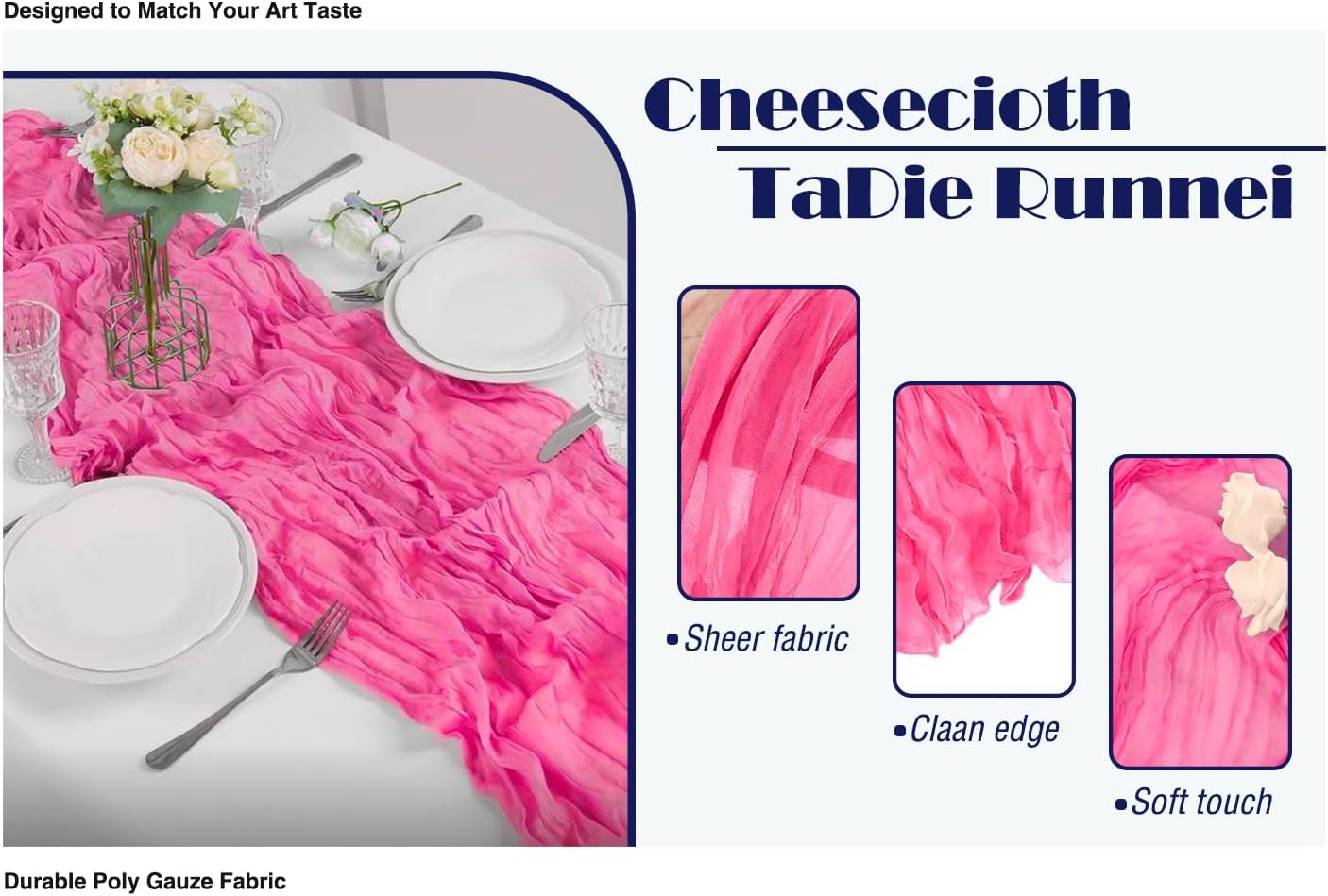 6 Pack Hot Pink 10Ft Cheesecloth Table Runner 20x120 Inch Boho Wrinkled Sheer Romantic Gauze Decor for Wedding, Bridal Shower, Birthday Party