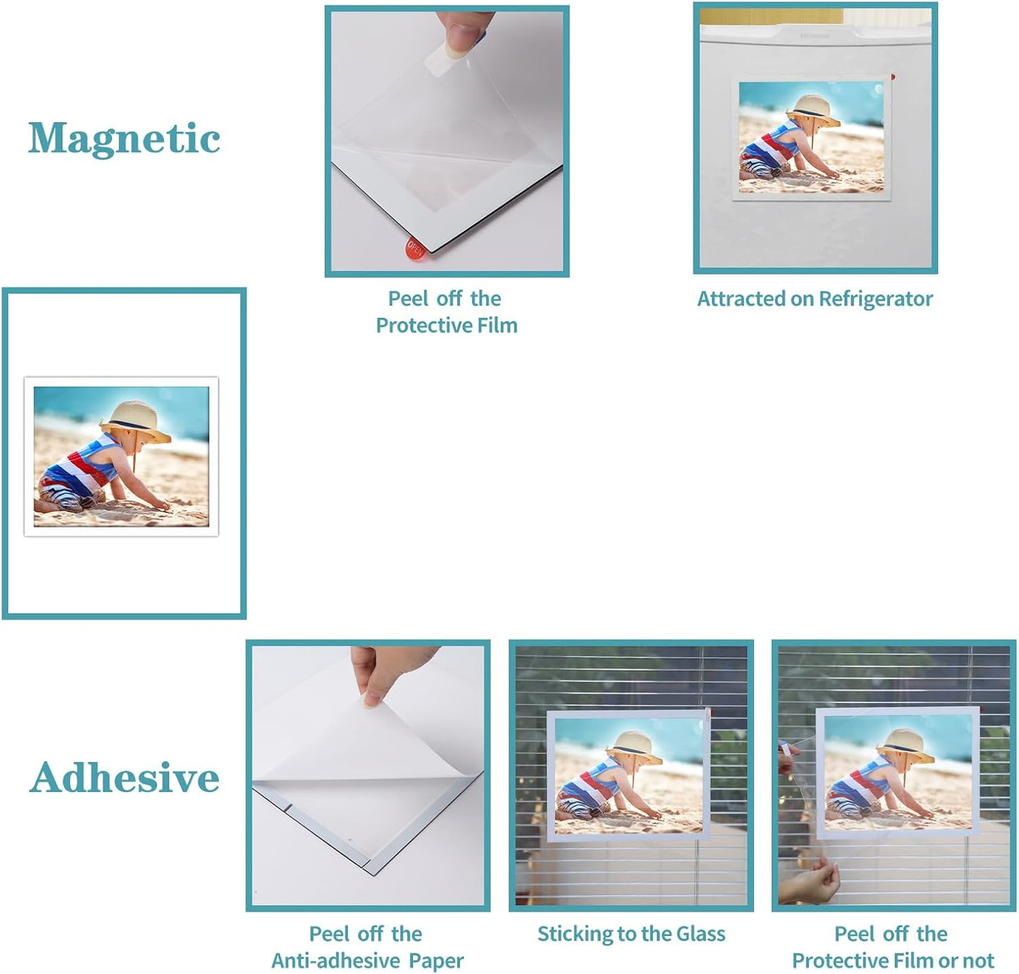 CRUGLA 8x10 White Magnetic Picture Frames for Refrigerator 12 Packs, Modified Magnetic Sheet with Self Adhesive Backing, 8 by 10 Magnetic Photo Craft Frame Set for Glass Window Door Cubicle